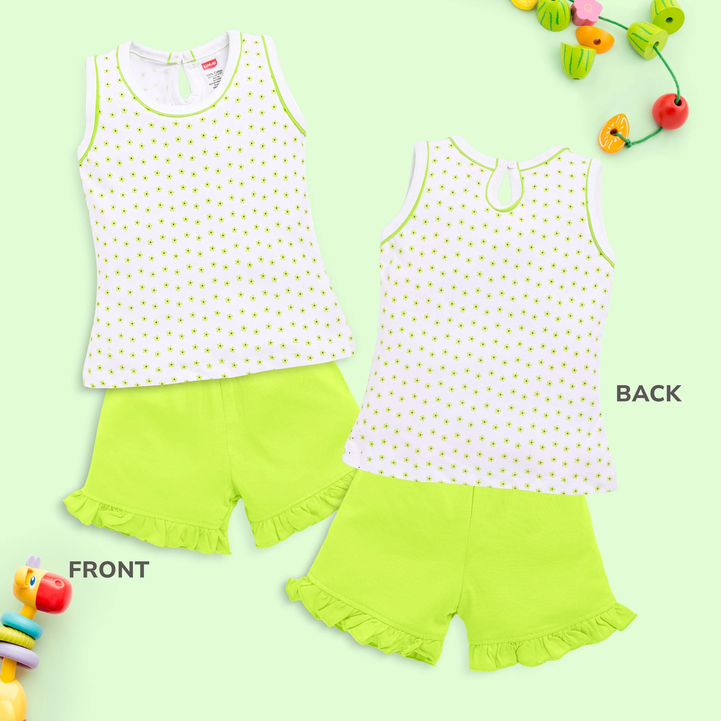 Baby Girls Pack Of 3 Sleeveless Top & Shorts Set 100% Cotton - Image 4