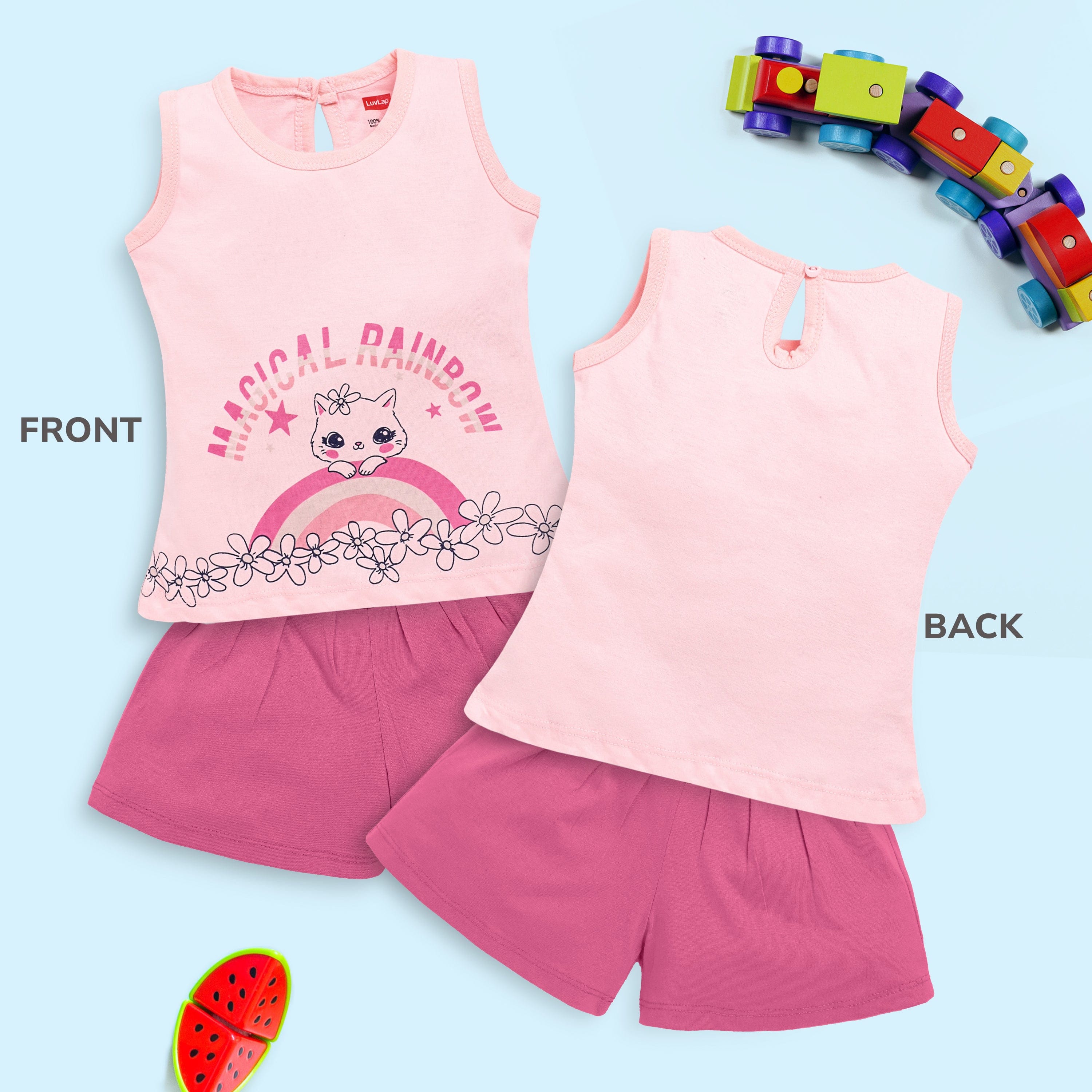 Baby Girls Pack Of 3 Sleeveless Top & Shorts Set 100% Cotton - Image 3