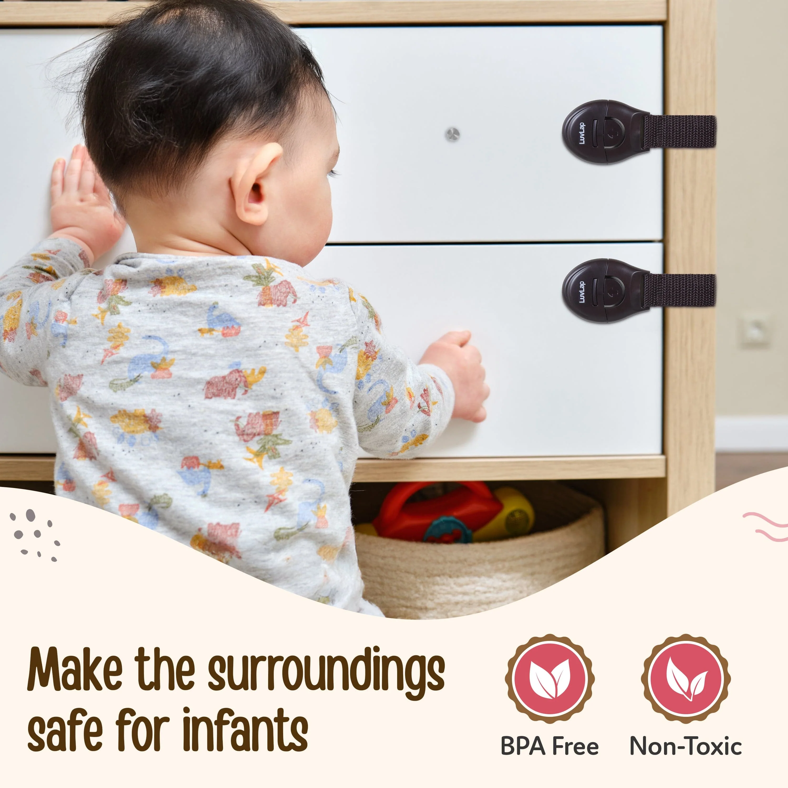 LuvLap Baby Safety Furniture Locks, Pack of 10, Adjustable and Flexible with 3M Adhesive, Safety Locks for Kids, Child Safety Locks for Drawers, Cabinets, Fridge, Cupboard (Brown) - Image 3