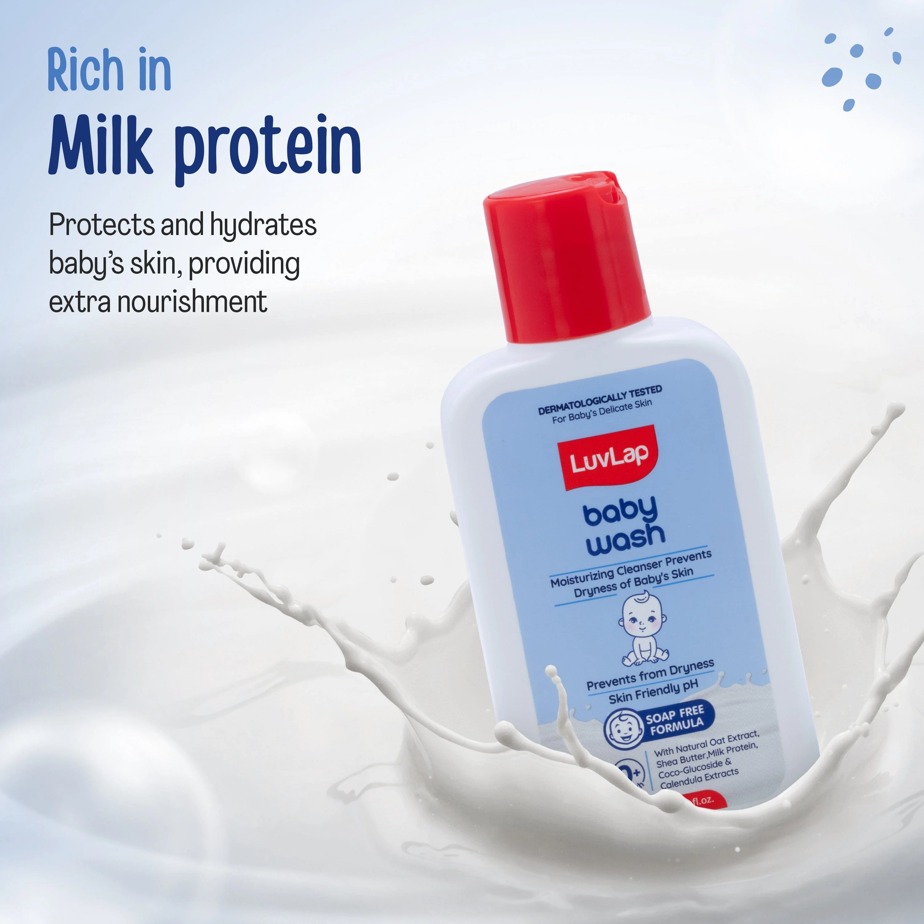 LuvLap Baby Wash - 100ml, with Milk Protein, Oatmeal, Shea Butter and Vitamin E, Soap Free, Baby Wash for Baby Bath, Natural, pH Balanced & Paraben Free, Dermatologically Tested - Image 3