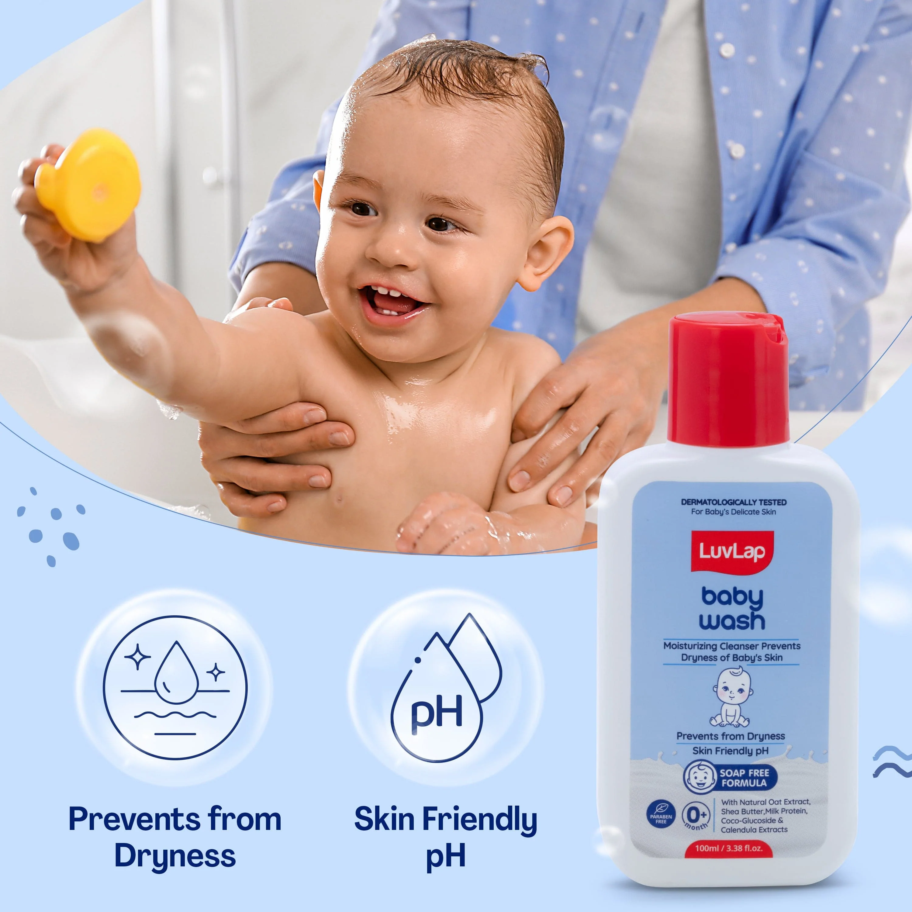 LuvLap Baby Wash - 100ml, with Milk Protein, Oatmeal, Shea Butter and Vitamin E, Soap Free, Baby Wash for Baby Bath, Natural, pH Balanced & Paraben Free, Dermatologically Tested - Image 5