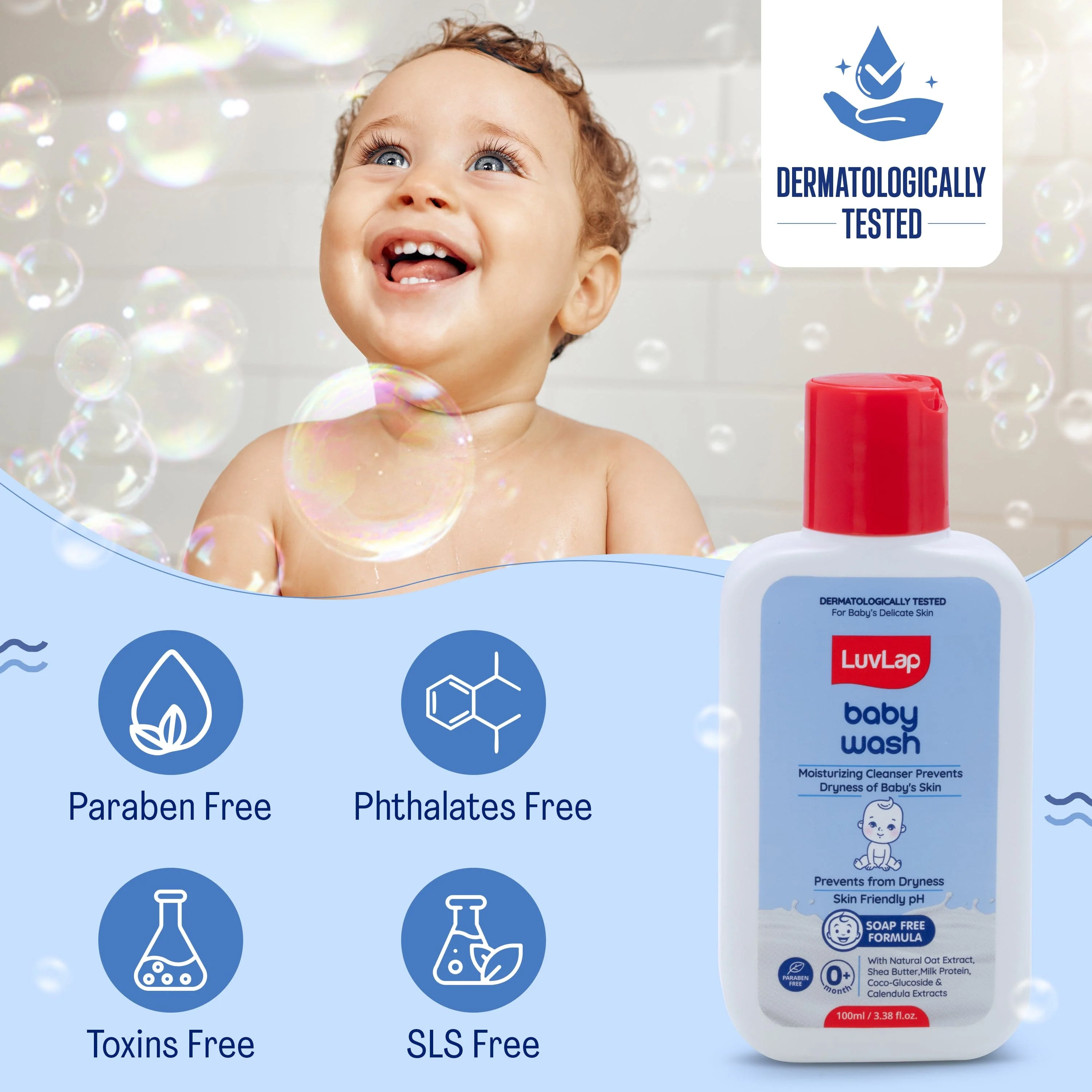 LuvLap Baby Wash - 100ml, with Milk Protein, Oatmeal, Shea Butter and Vitamin E, Soap Free, Baby Wash for Baby Bath, Natural, pH Balanced & Paraben Free, Dermatologically Tested - Image 6