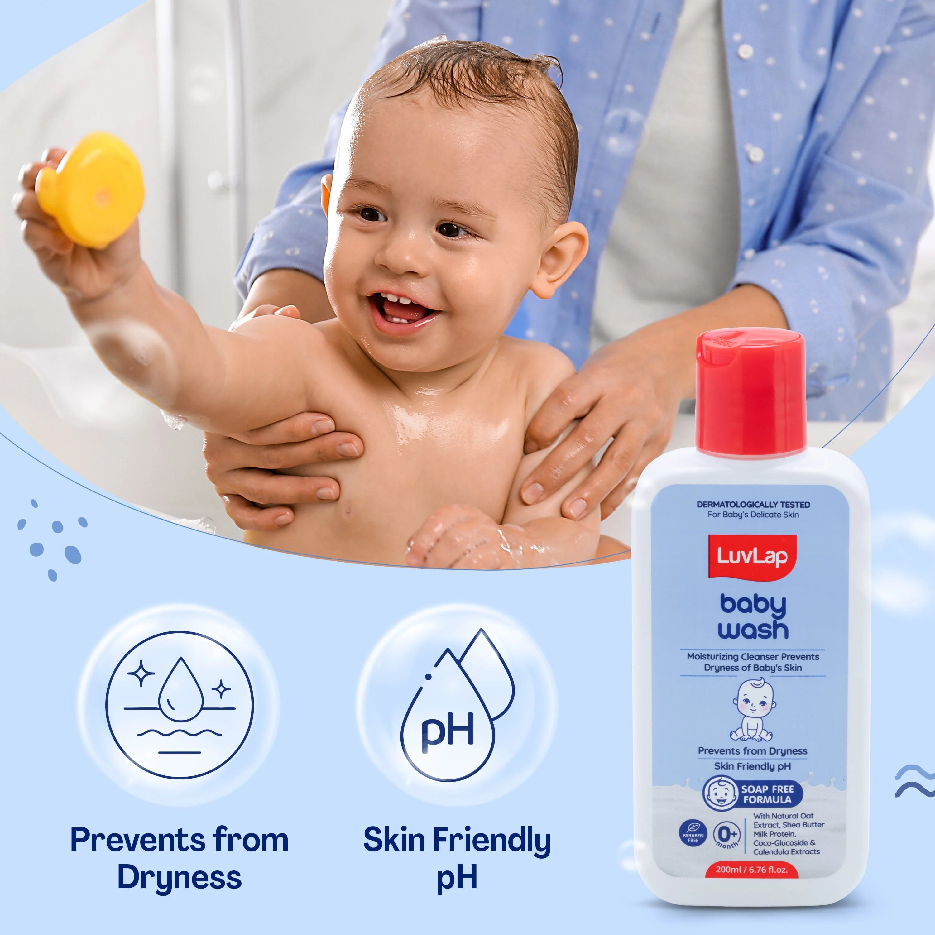 LuvLap Baby Wash - 200ml, with Milk Protein, Oatmeal, Shea Butter and Vitamin E, Soap Free, Baby Wash for Baby Bath, Natural, pH Balanced & Paraben Free, Dermatologically Tested - Image 5