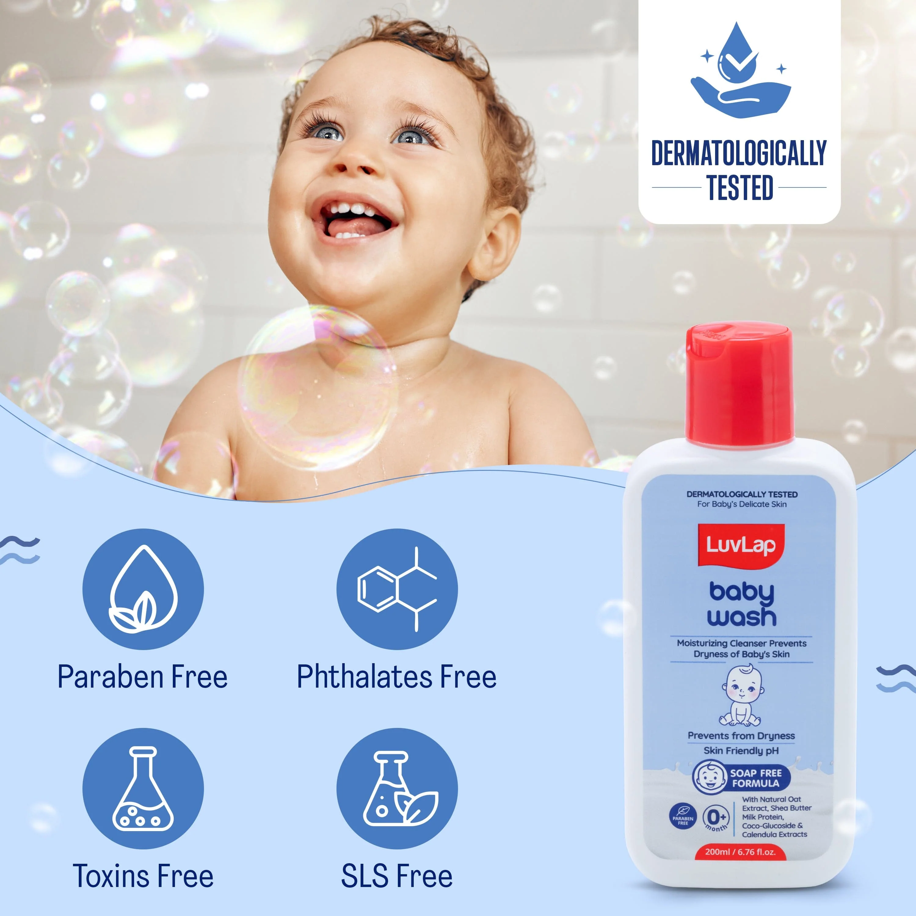 LuvLap Baby Wash - 200ml, with Milk Protein, Oatmeal, Shea Butter and Vitamin E, Soap Free, Baby Wash for Baby Bath, Natural, pH Balanced & Paraben Free, Dermatologically Tested - Image 6