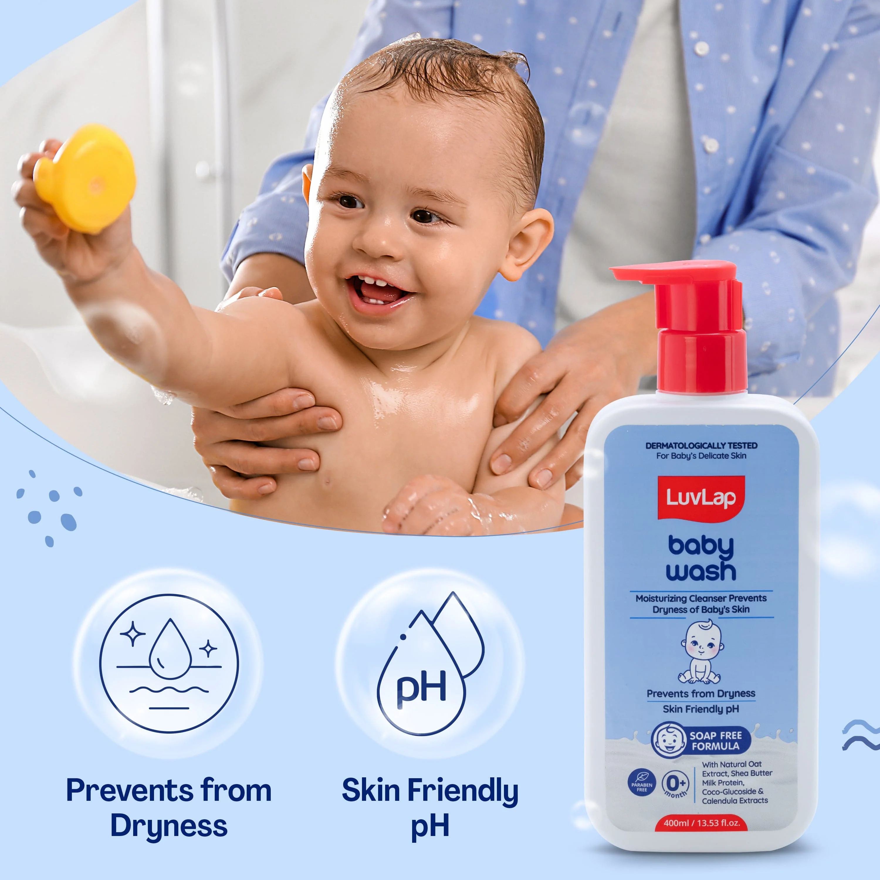 LuvLap Baby Wash - 400ml, with Milk Protein, Oatmeal, Shea Butter and Vitamin E, Soap Free, Baby Wash for Baby Bath, Natural, pH Balanced & Paraben Free, Dermatologically Tested - Image 5