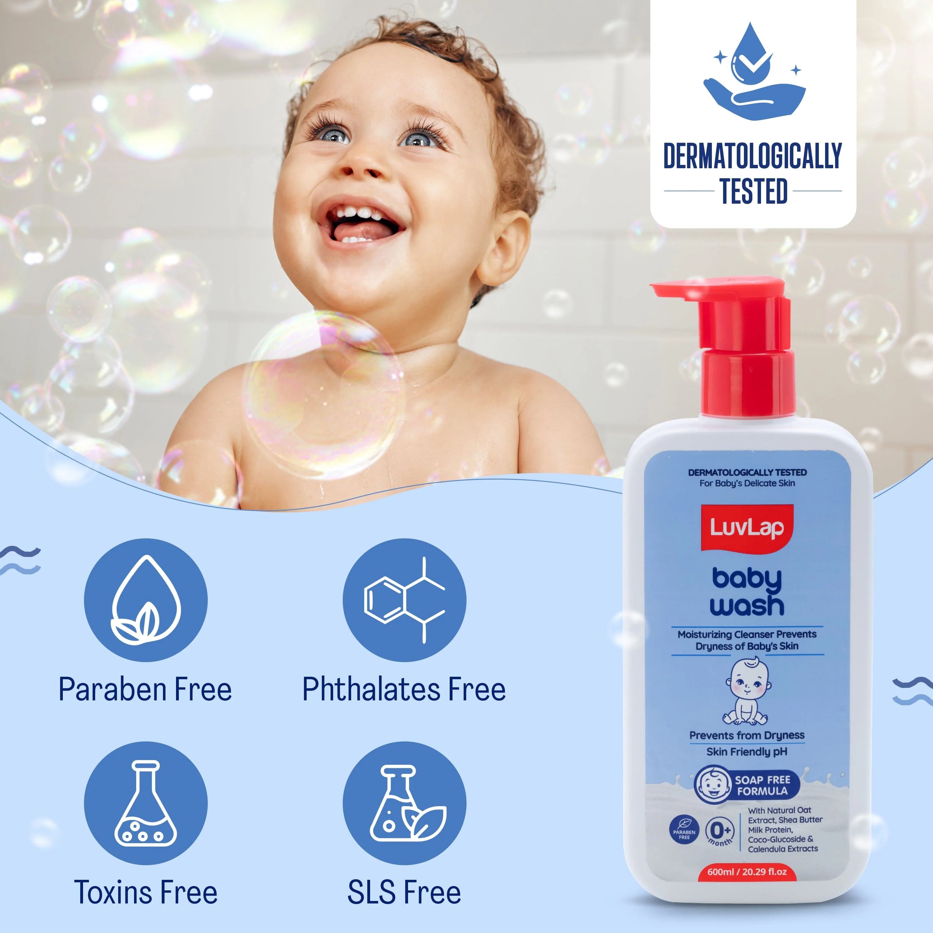 LuvLap Baby Wash - 600ml, with Milk Protein, Oatmeal, Shea Butter and Vitamin E, Soap Free, Baby Wash for Baby Bath, Natural, pH Balanced & Paraben Free, Dermatologically Tested - Image 7