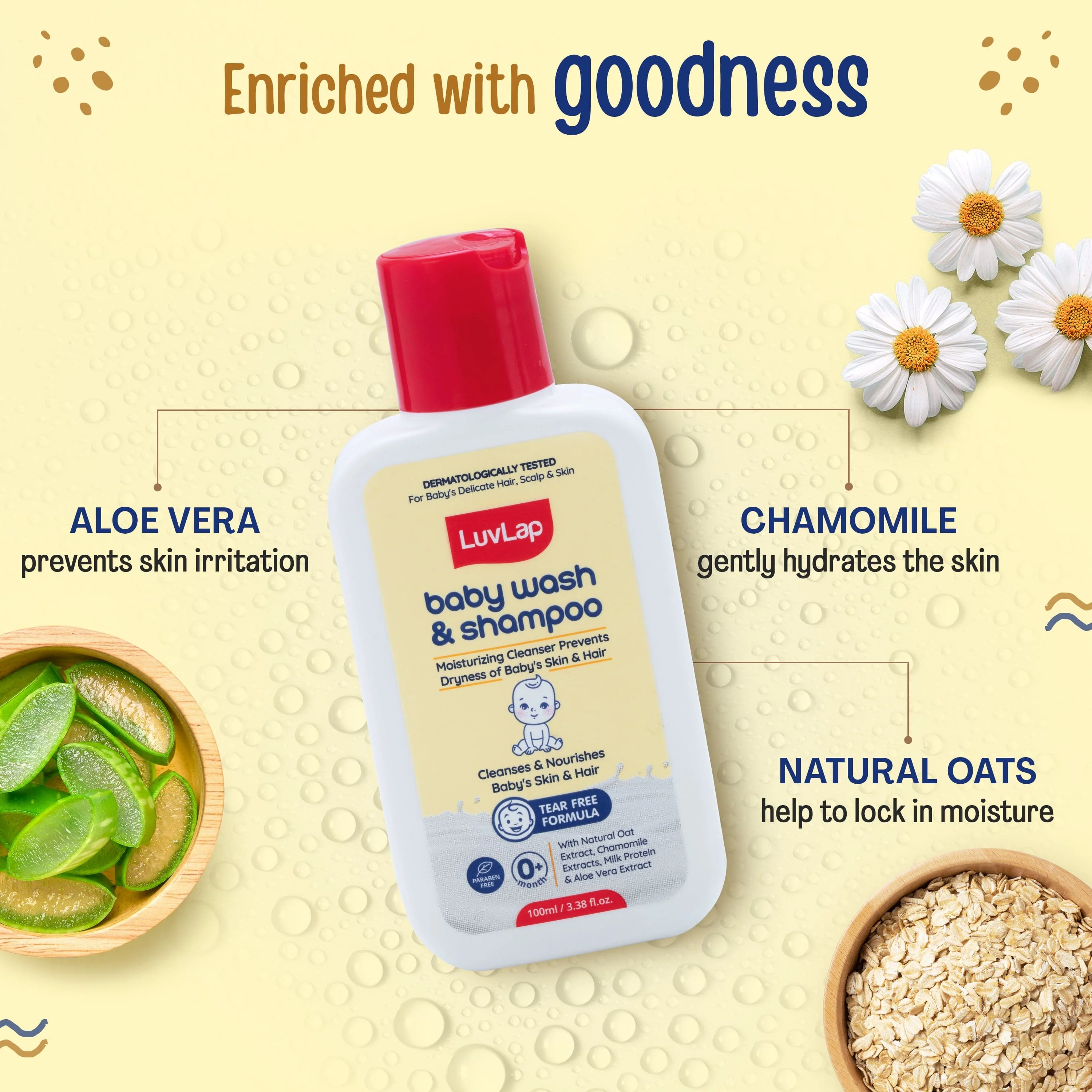 LuvLap Baby Wash & Shampoo - 100ml with Chamomile, Milk Protein, Oatmeal & Shea Butter, Paraben Free, Tear Free, Soap Free, Rich Moisturised Skin & Soft Hair, Baby Body Wash, Dermatologically Tested - Image 4