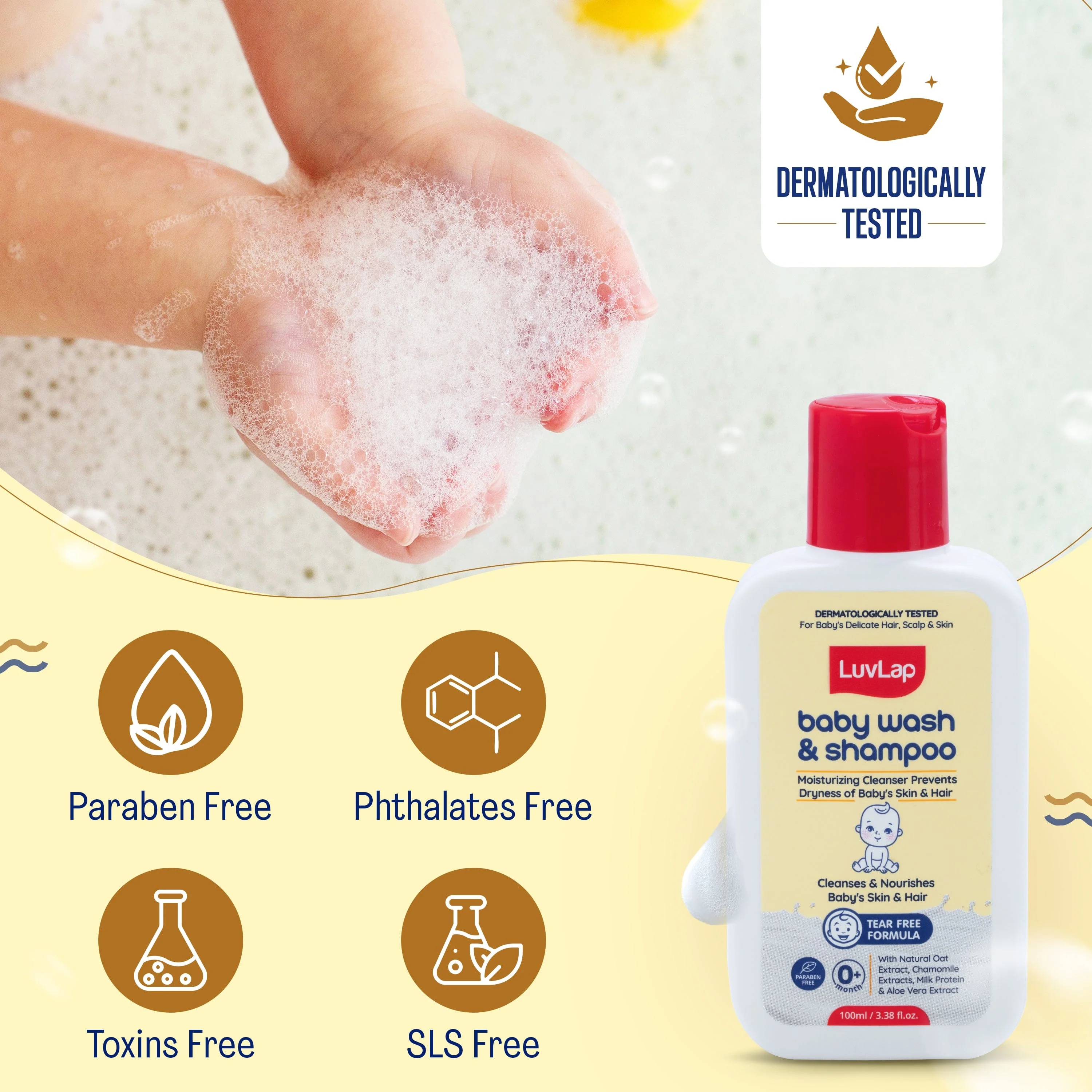 LuvLap Baby Wash & Shampoo - 100ml with Chamomile, Milk Protein, Oatmeal & Shea Butter, Paraben Free, Tear Free, Soap Free, Rich Moisturised Skin & Soft Hair, Baby Body Wash, Dermatologically Tested - Image 6