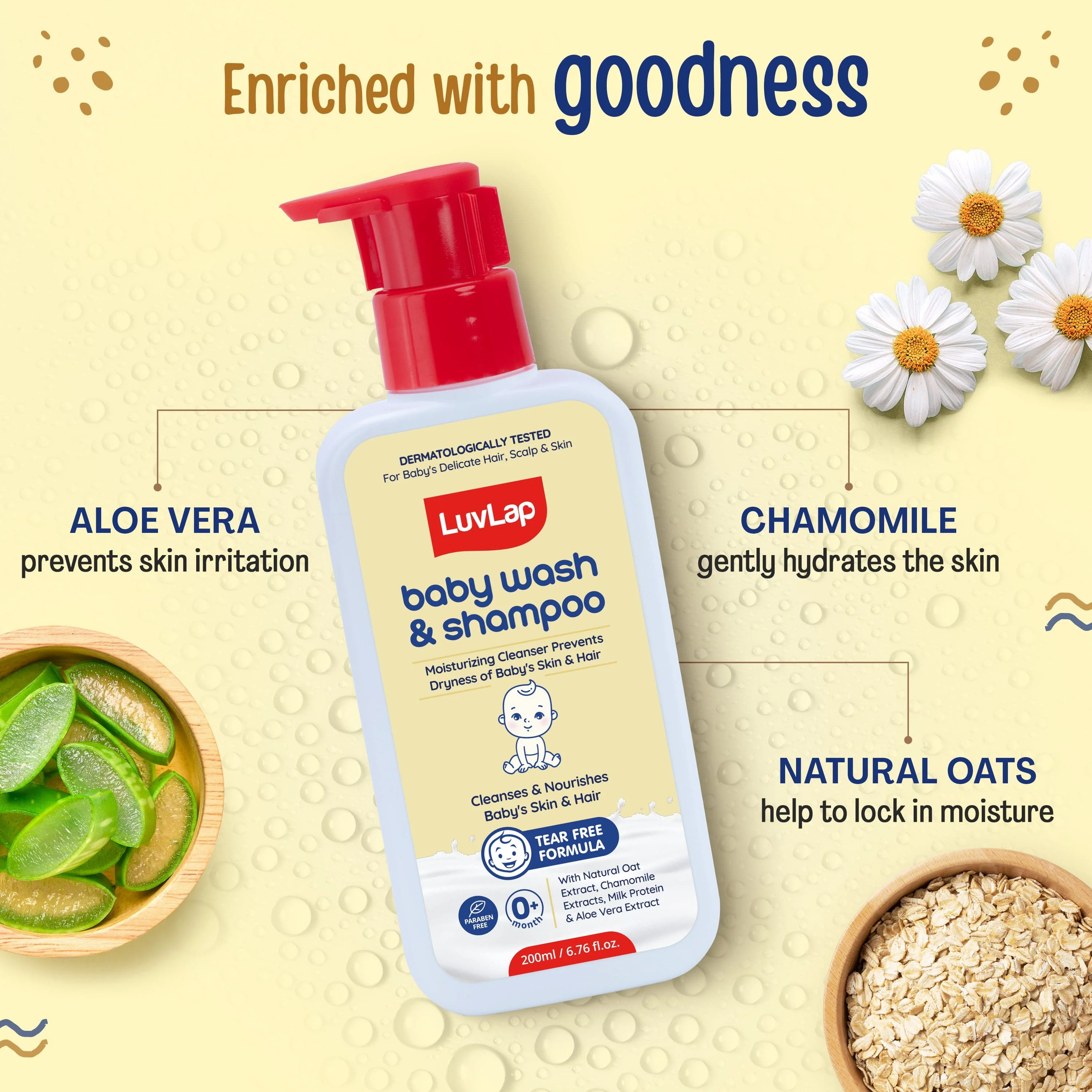 LuvLap Baby Wash & Shampoo - 200ml with Chamomile, Milk Protein, Oatmeal & Shea Butter, Paraben Free, Tear Free, Soap Free, Rich Moisturised Skin & Soft Hair, Baby Body Wash, Dermatologically Tested - Image 4