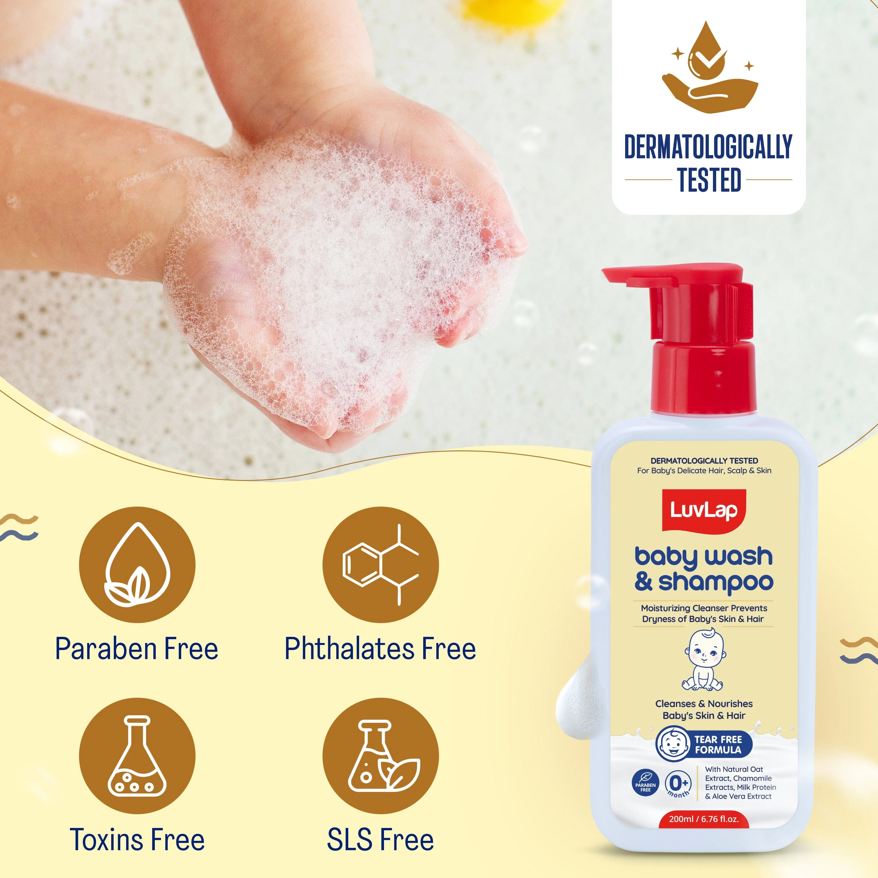 LuvLap Baby Wash & Shampoo - 200ml with Chamomile, Milk Protein, Oatmeal & Shea Butter, Paraben Free, Tear Free, Soap Free, Rich Moisturised Skin & Soft Hair, Baby Body Wash, Dermatologically Tested - Image 6