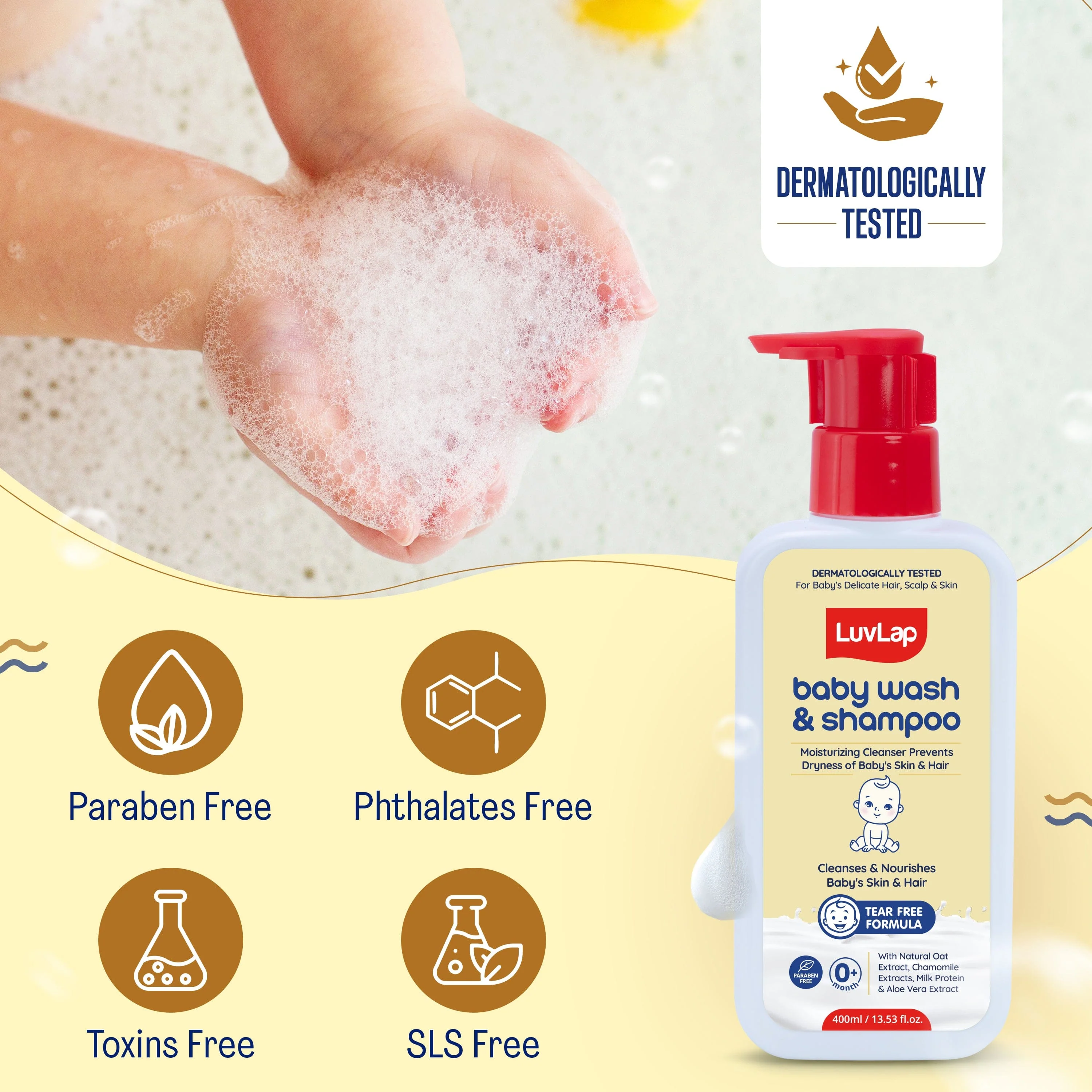 LuvLap Baby Wash & Shampoo - 400ml with Chamomile, Milk Protein, Oatmeal & Shea Butter, Paraben Free, Tear Free, Soap Free, Rich Moisturised Skin & Soft Hair, Baby Body Wash, Dermatologically Tested - Image 6