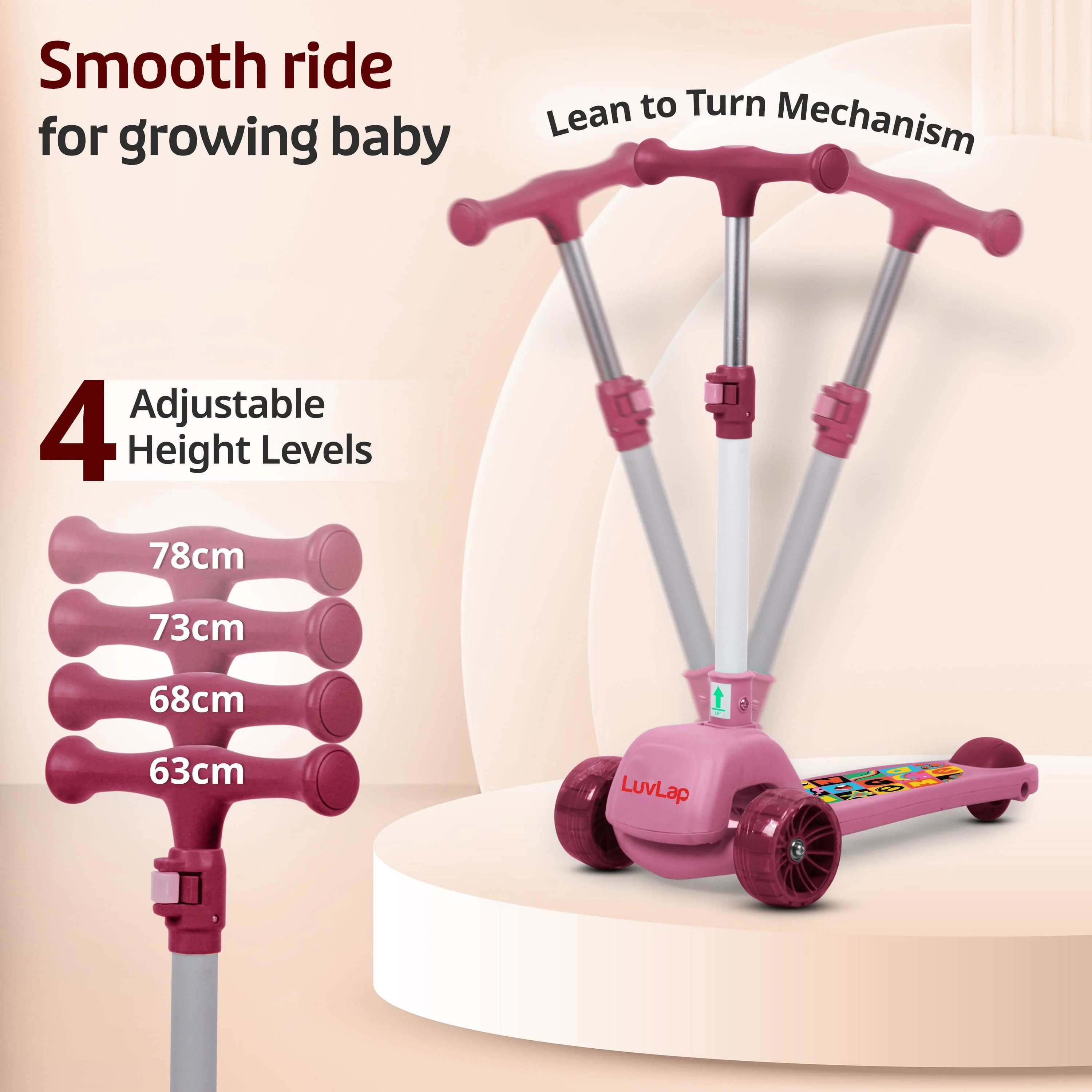 Elegant Scooter for Kids- Toddler 3-Wheel Kick Scooter with LED Lights | Stable Wide Deck for 3-10Year | Adjustable Height & Easy-Grip Handlebars | Fun Outdoor gear for Kids, Pink - Image 4