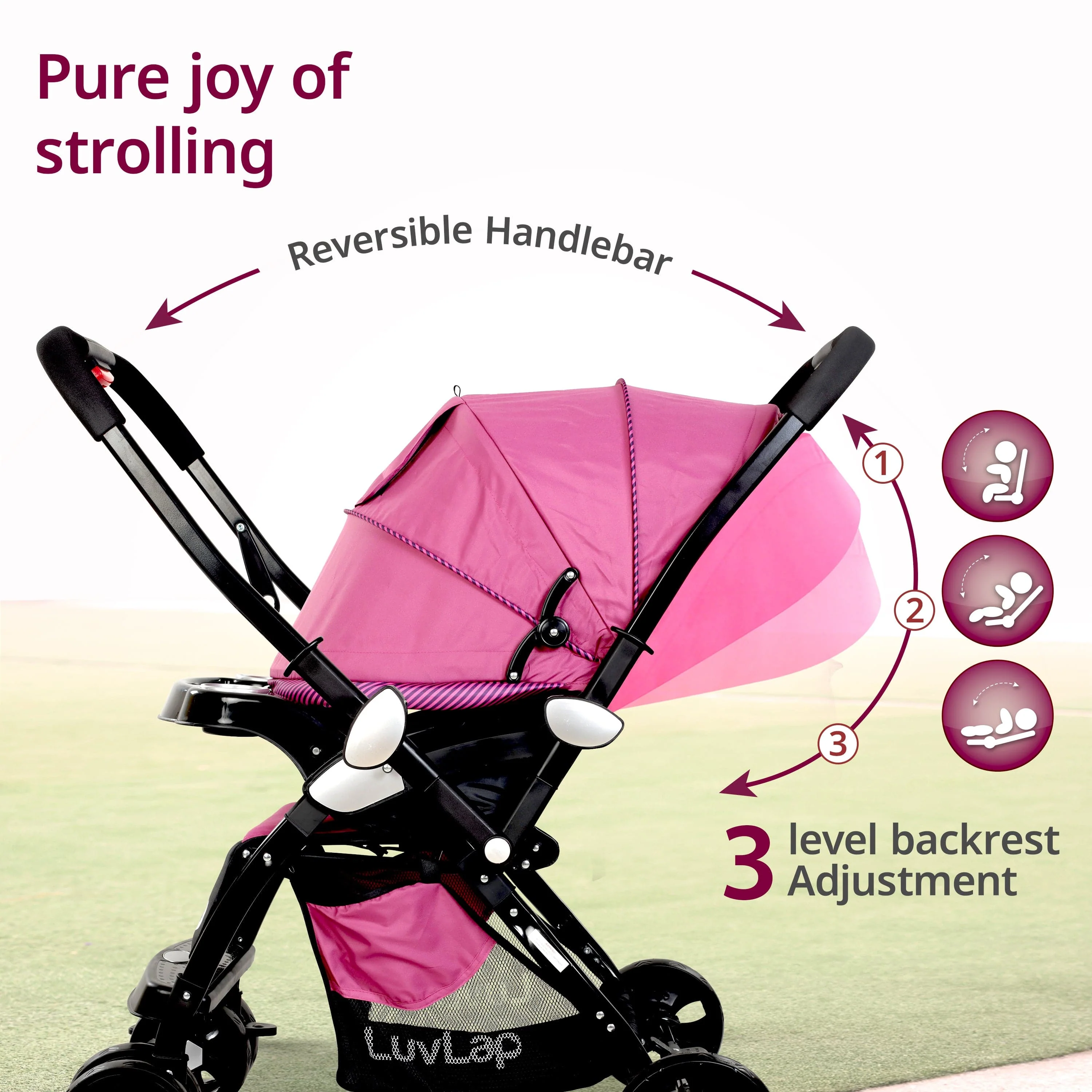 Galaxy Baby Stroller, Pram for Baby with 5 Point Safety Harness, Spacious Cushioned seat with Multi Level seat Recline, Easy Fold, Lightweight Stroller for 0 to 3 Years (Pink & Black) - Image 3