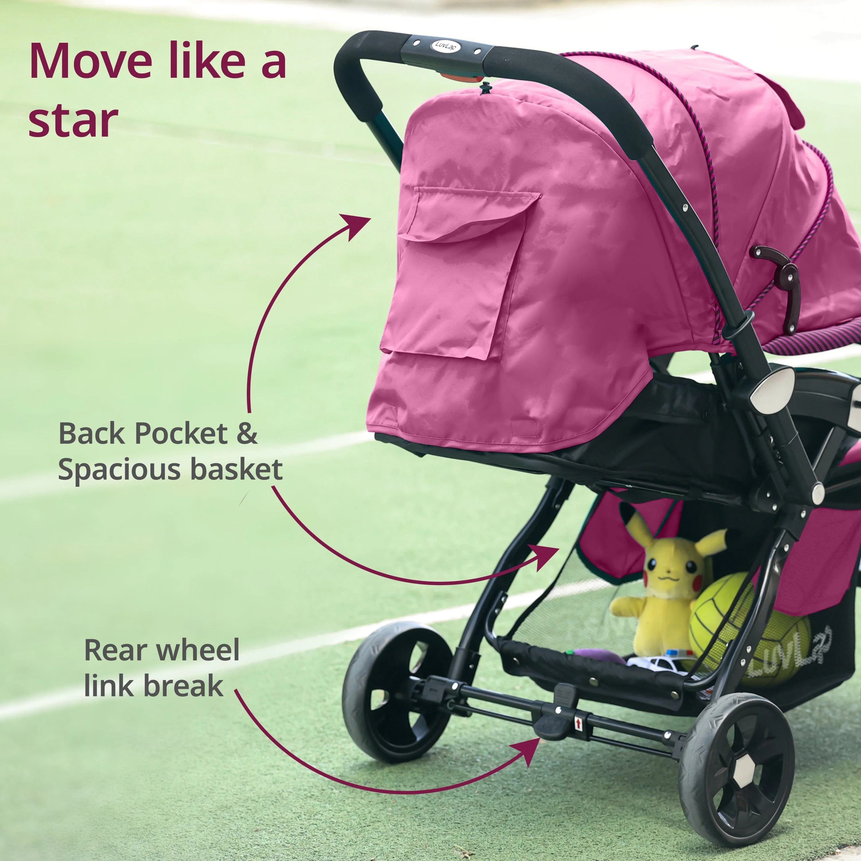 Galaxy Baby Stroller, Pram for Baby with 5 Point Safety Harness, Spacious Cushioned seat with Multi Level seat Recline, Easy Fold, Lightweight Stroller for 0 to 3 Years (Pink & Black) - Image 4