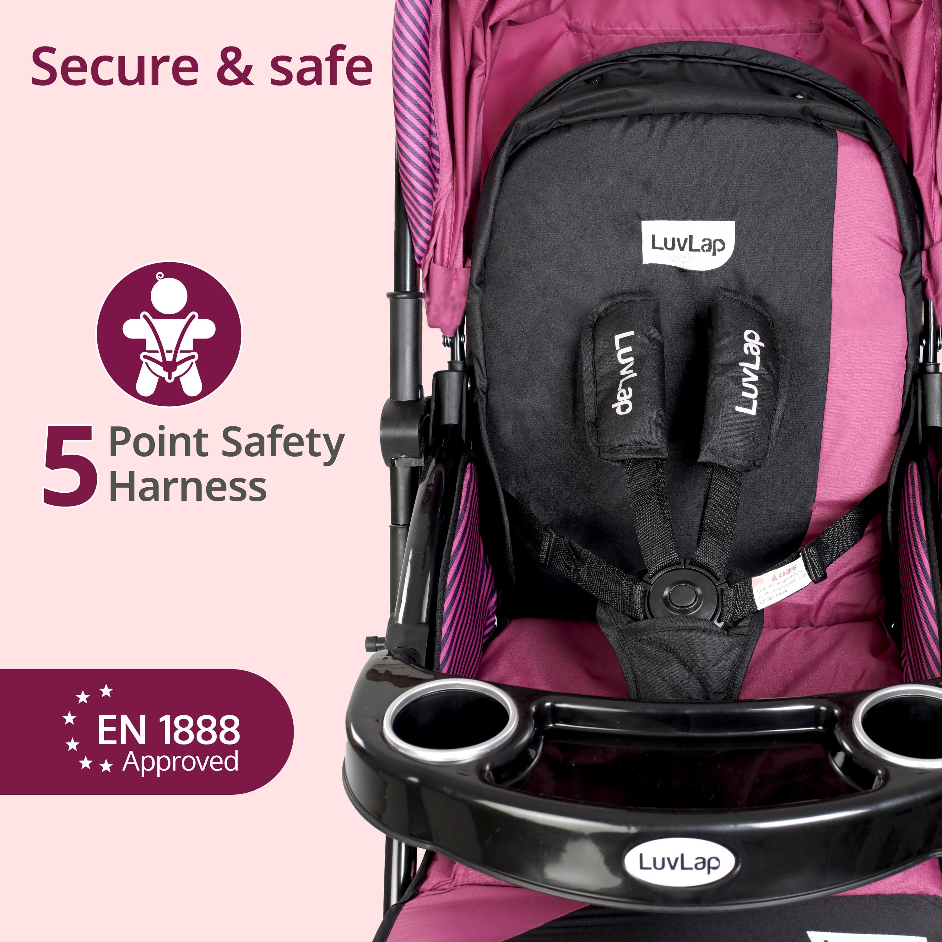 Galaxy Baby Stroller, Pram for Baby with 5 Point Safety Harness, Spacious Cushioned seat with Multi Level seat Recline, Easy Fold, Lightweight Stroller for 0 to 3 Years (Pink & Black) - Image 6