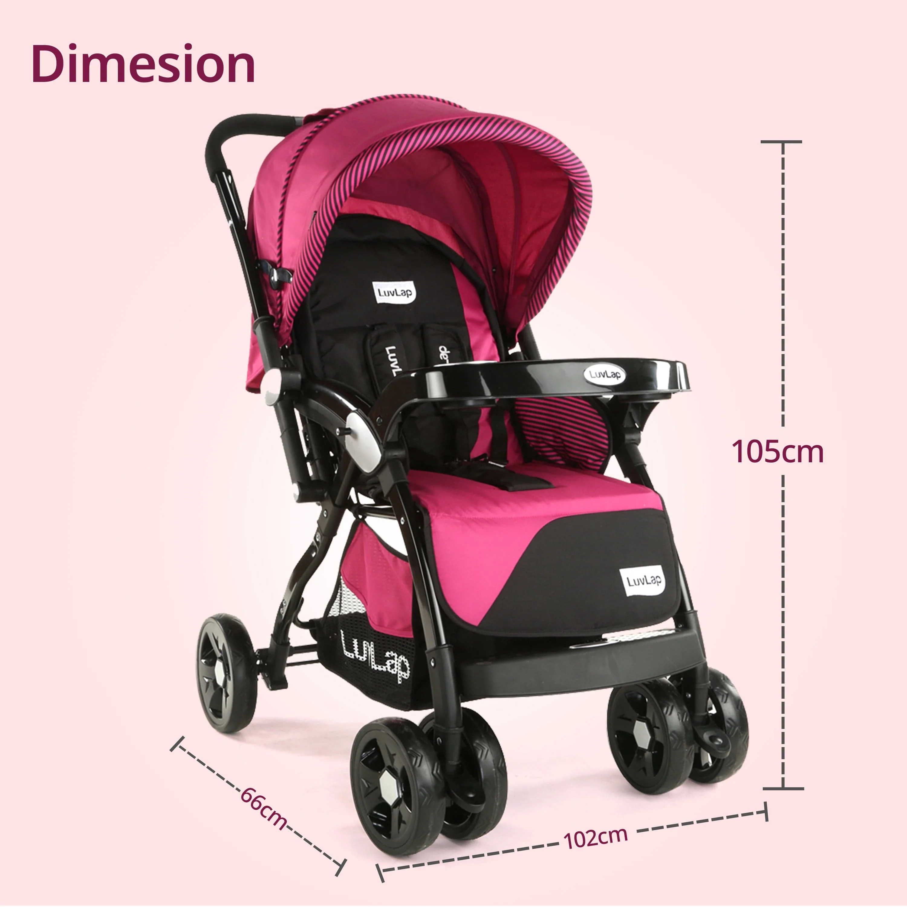 Galaxy Baby Stroller, Pram for Baby with 5 Point Safety Harness, Spacious Cushioned seat with Multi Level seat Recline, Easy Fold, Lightweight Stroller for 0 to 3 Years (Pink & Black) - Image 8