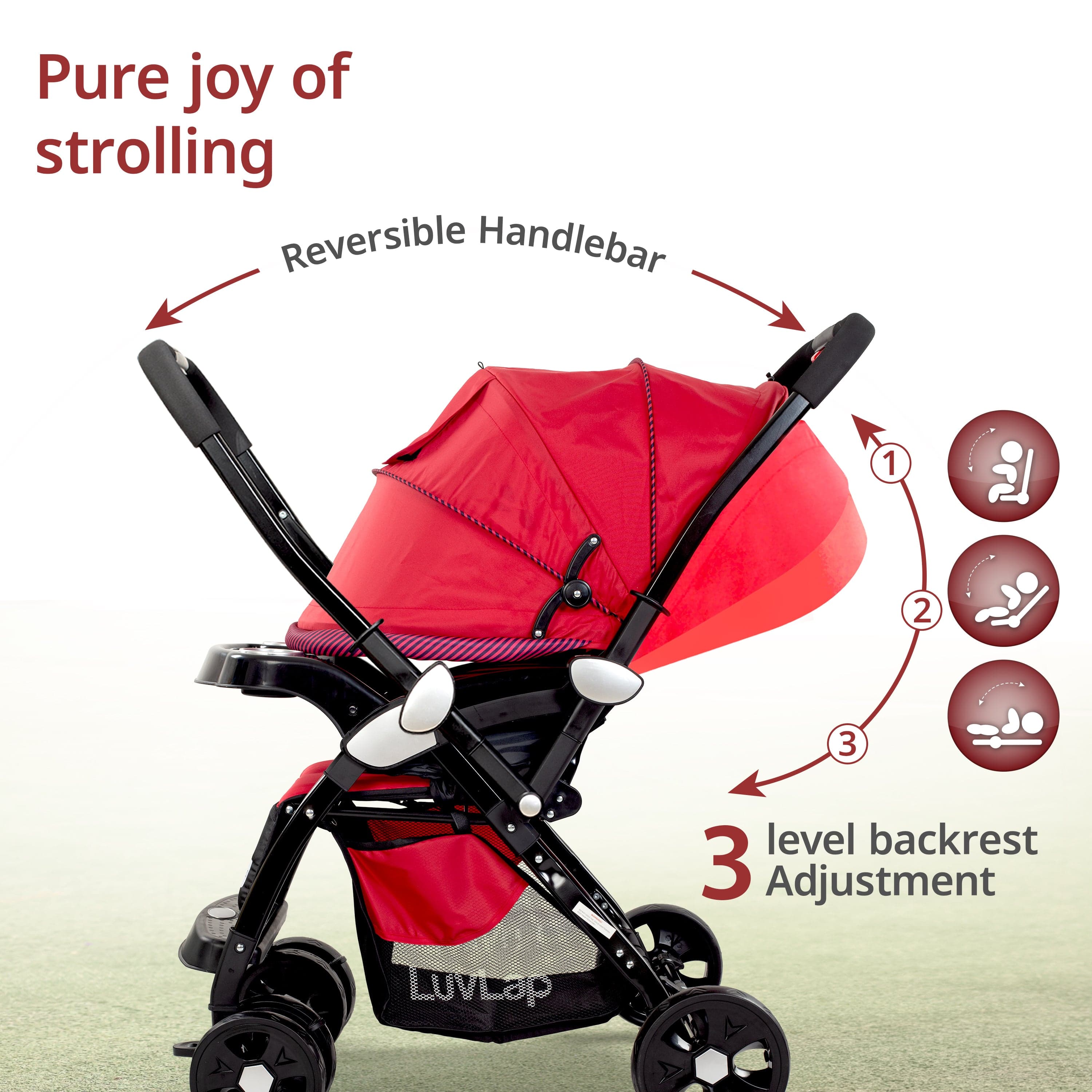 Galaxy Baby Stroller, Pram for Baby with 5 Point Safety Harness, Spacious Cushioned Seat with Multi Level Seat Recline, Easy Fold, Lightweight Stroller for 0 to 3 Years (Red & Black) - Image 3