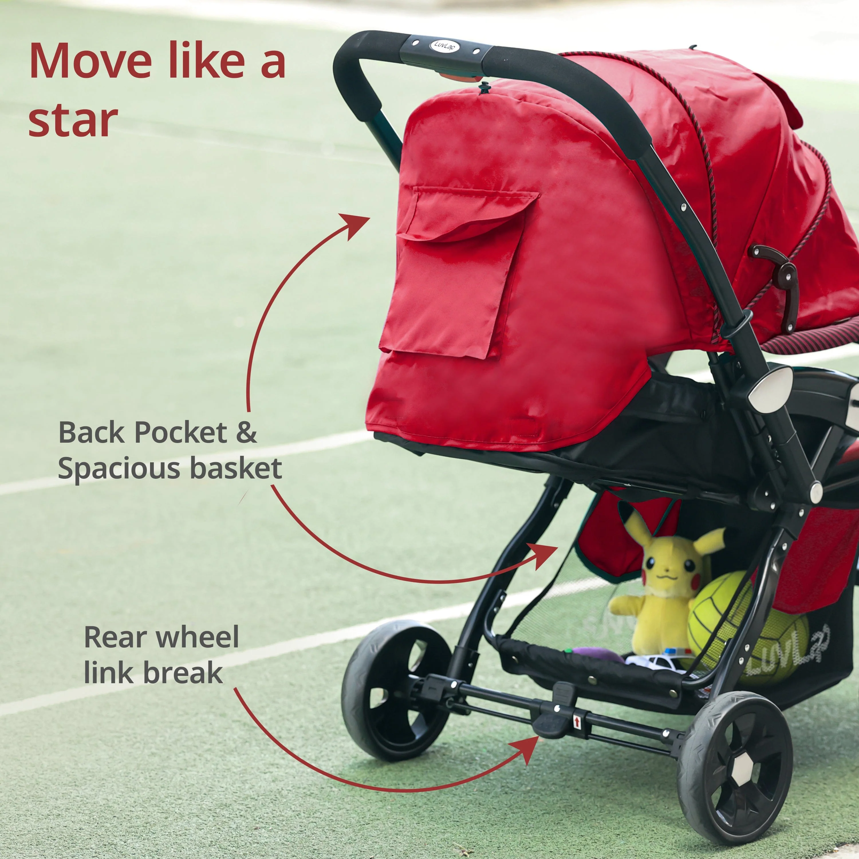 Galaxy Baby Stroller, Pram for Baby with 5 Point Safety Harness, Spacious Cushioned Seat with Multi Level Seat Recline, Easy Fold, Lightweight Stroller for 0 to 3 Years (Red & Black) - Image 4