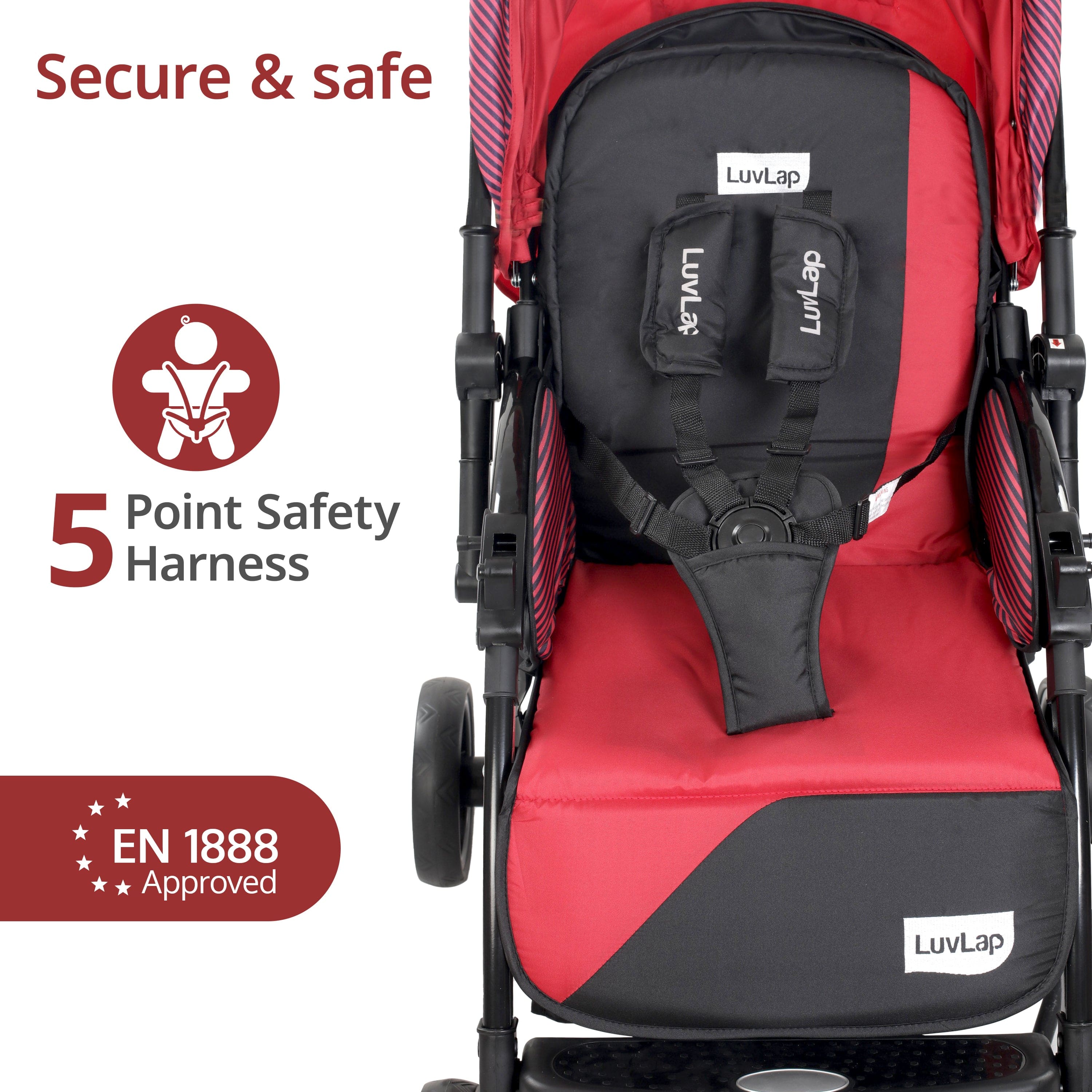 Galaxy Baby Stroller, Pram for Baby with 5 Point Safety Harness, Spacious Cushioned Seat with Multi Level Seat Recline, Easy Fold, Lightweight Stroller for 0 to 3 Years (Red & Black) - Image 6