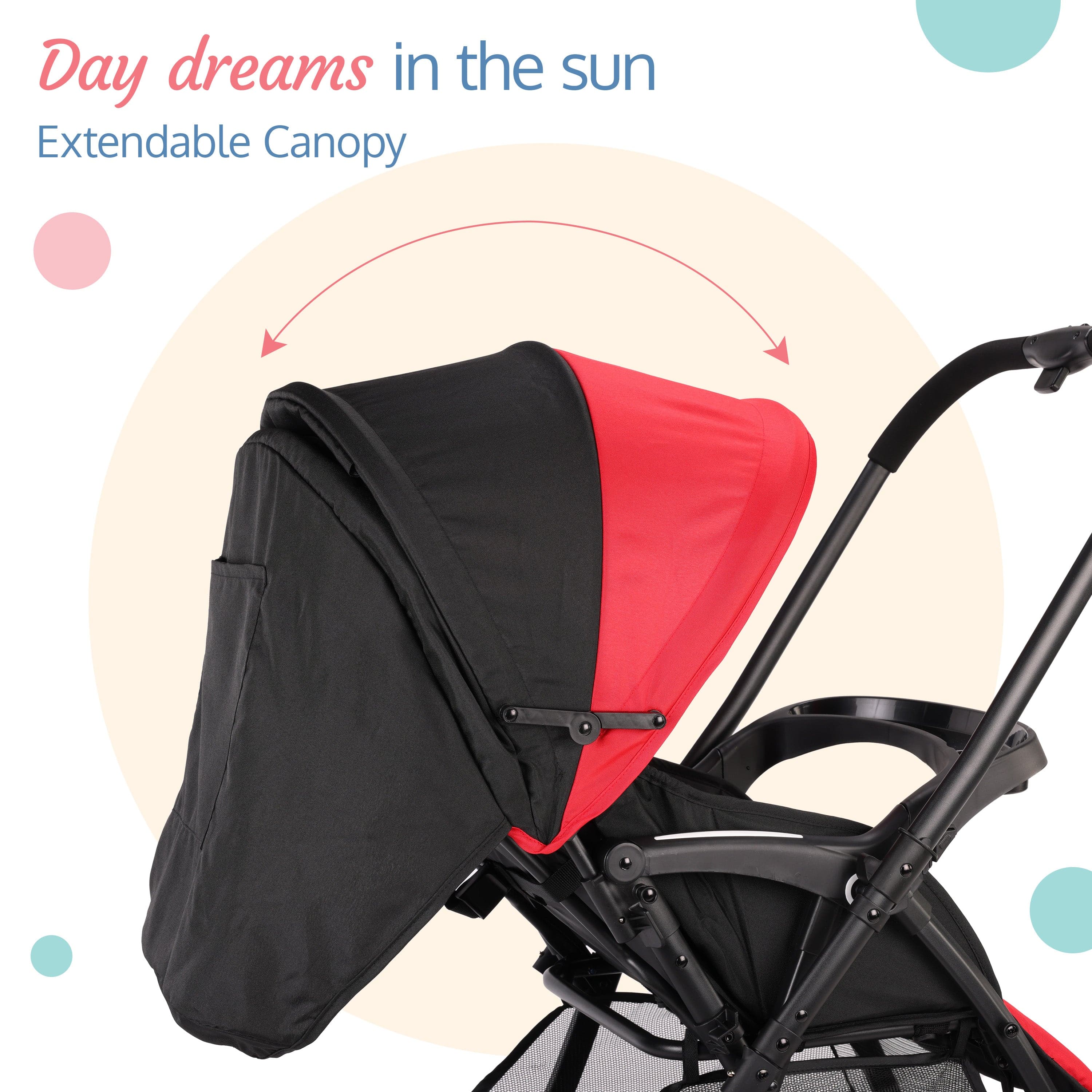 Golf Baby Stroller/Pram with 5 Point Safety Harness, 0-3 Years, Multi Level Recline & Adjustable footrest, Extendable Canopy, Red & Black - Image 4