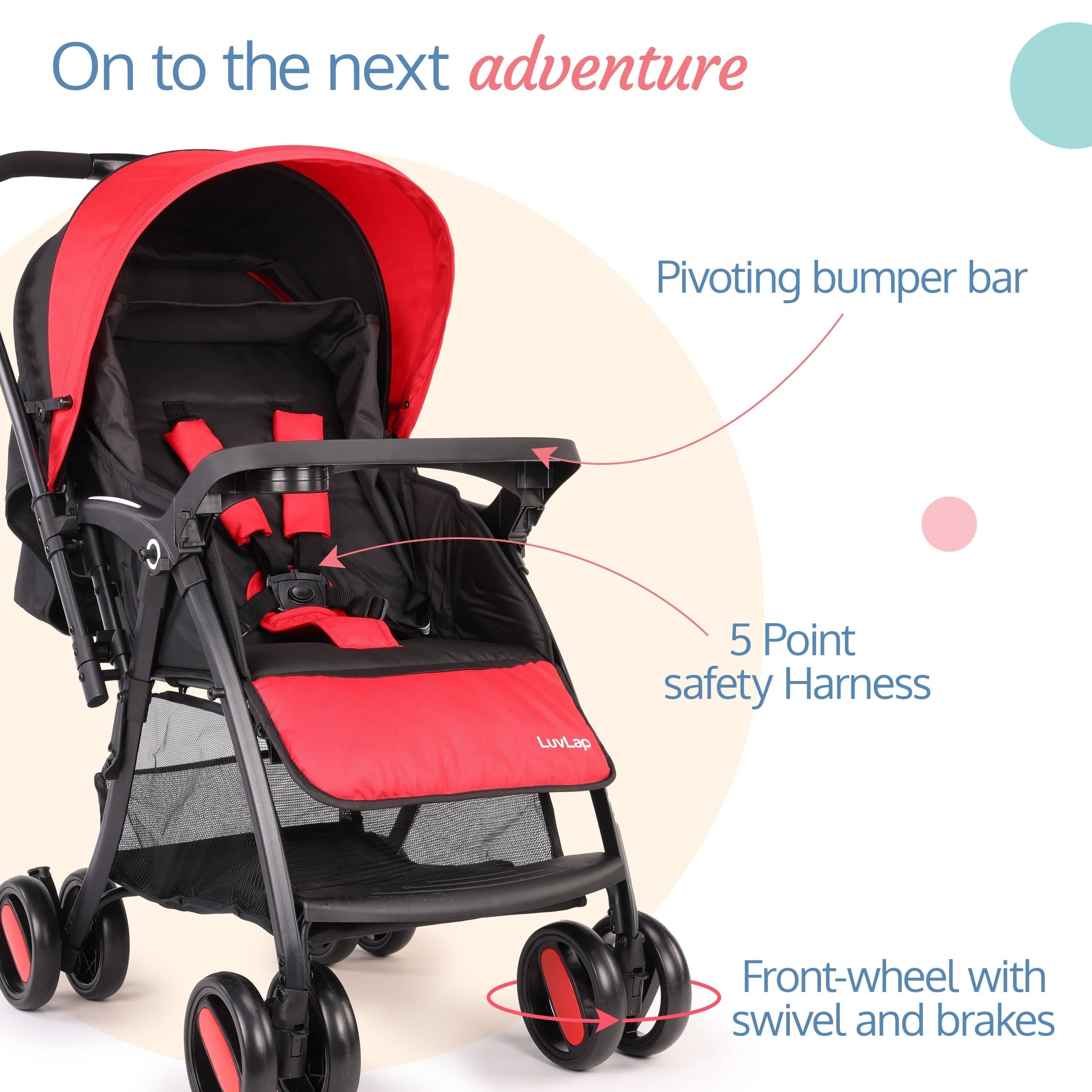 Golf Baby Stroller/Pram with 5 Point Safety Harness, 0-3 Years, Multi Level Recline & Adjustable footrest, Extendable Canopy, Red & Black - Image 5