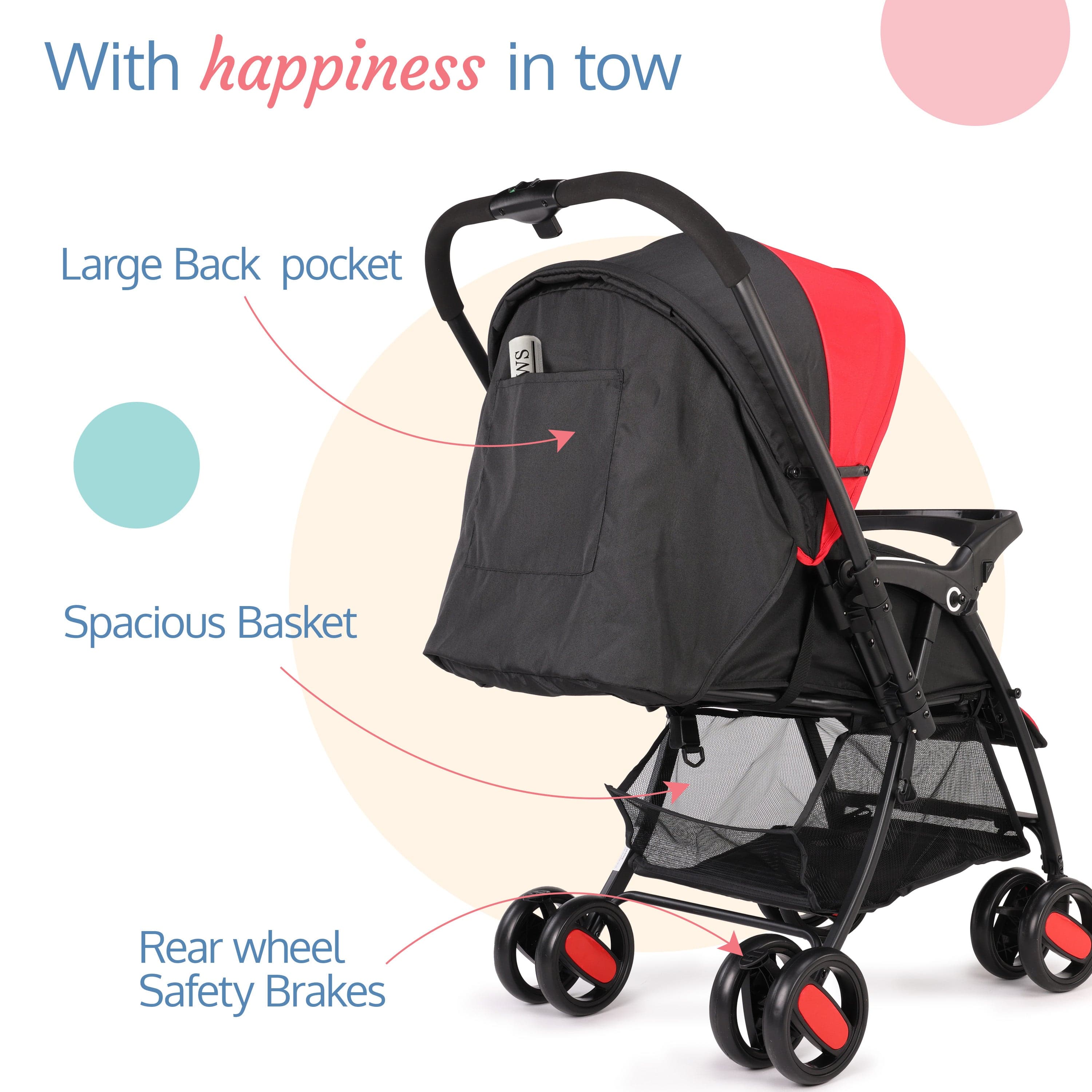 Golf Baby Stroller/Pram with 5 Point Safety Harness, 0-3 Years, Multi Level Recline & Adjustable footrest, Extendable Canopy, Red & Black - Image 6