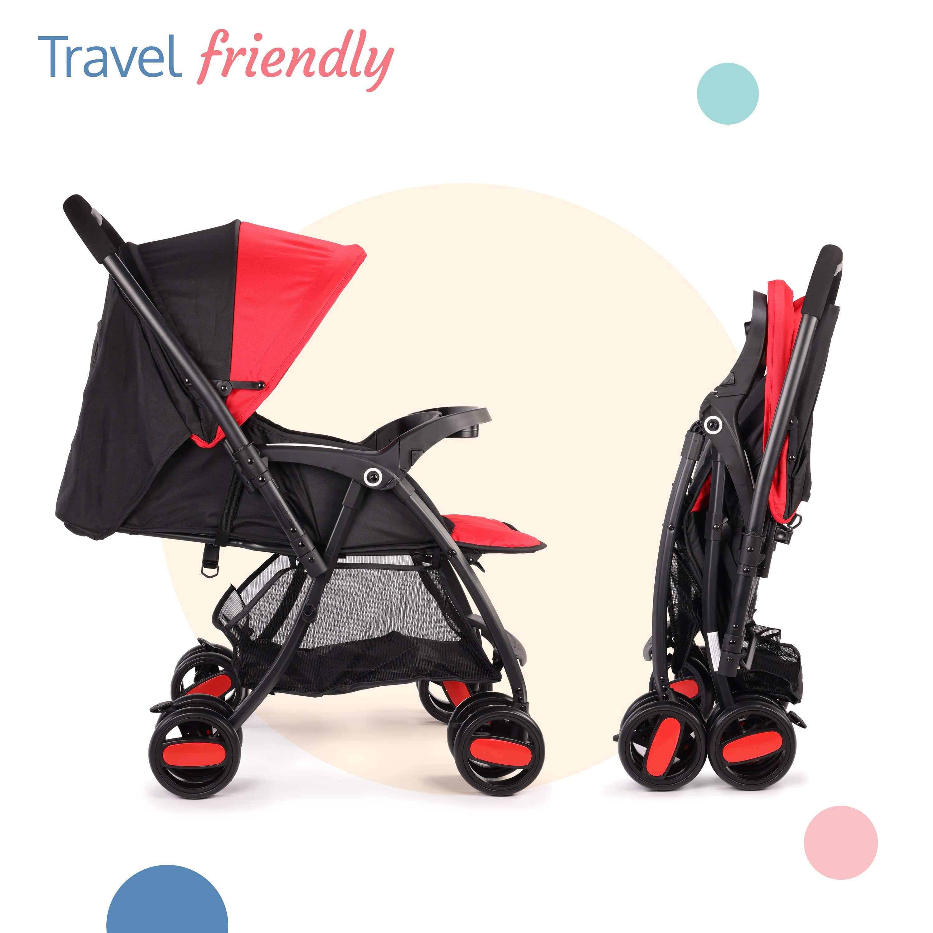 Golf Baby Stroller/Pram with 5 Point Safety Harness, 0-3 Years, Multi Level Recline & Adjustable footrest, Extendable Canopy, Red & Black - Image 7