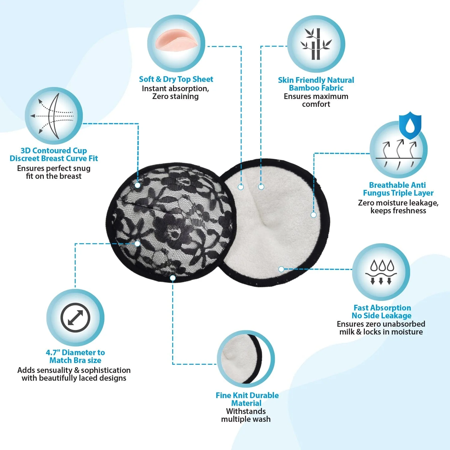 Natural Bamboo Washable Nursing Breast Pads with Lace, 10Pc - Image 4