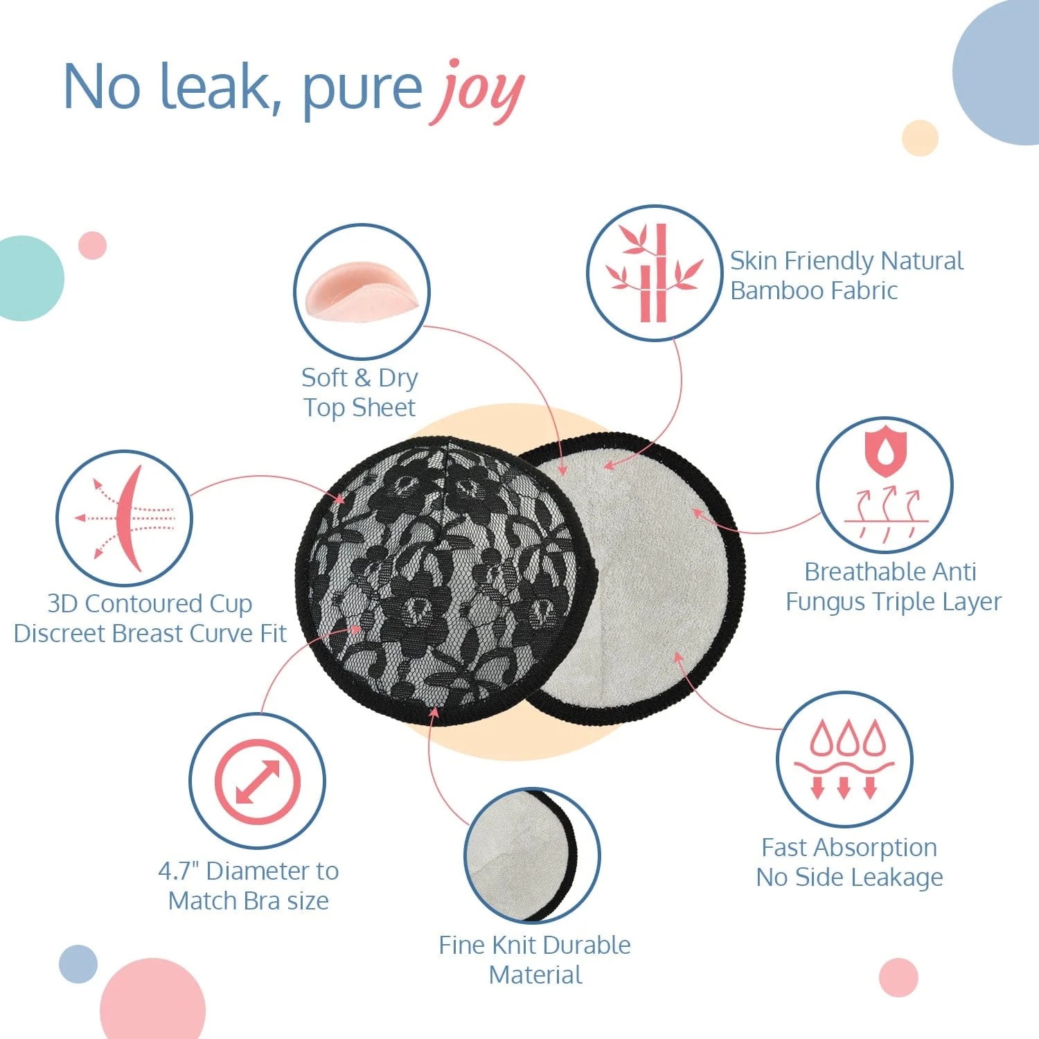 Natural Bamboo Washable Nursing Breast Pads with Lace, 6Pc - Image 3