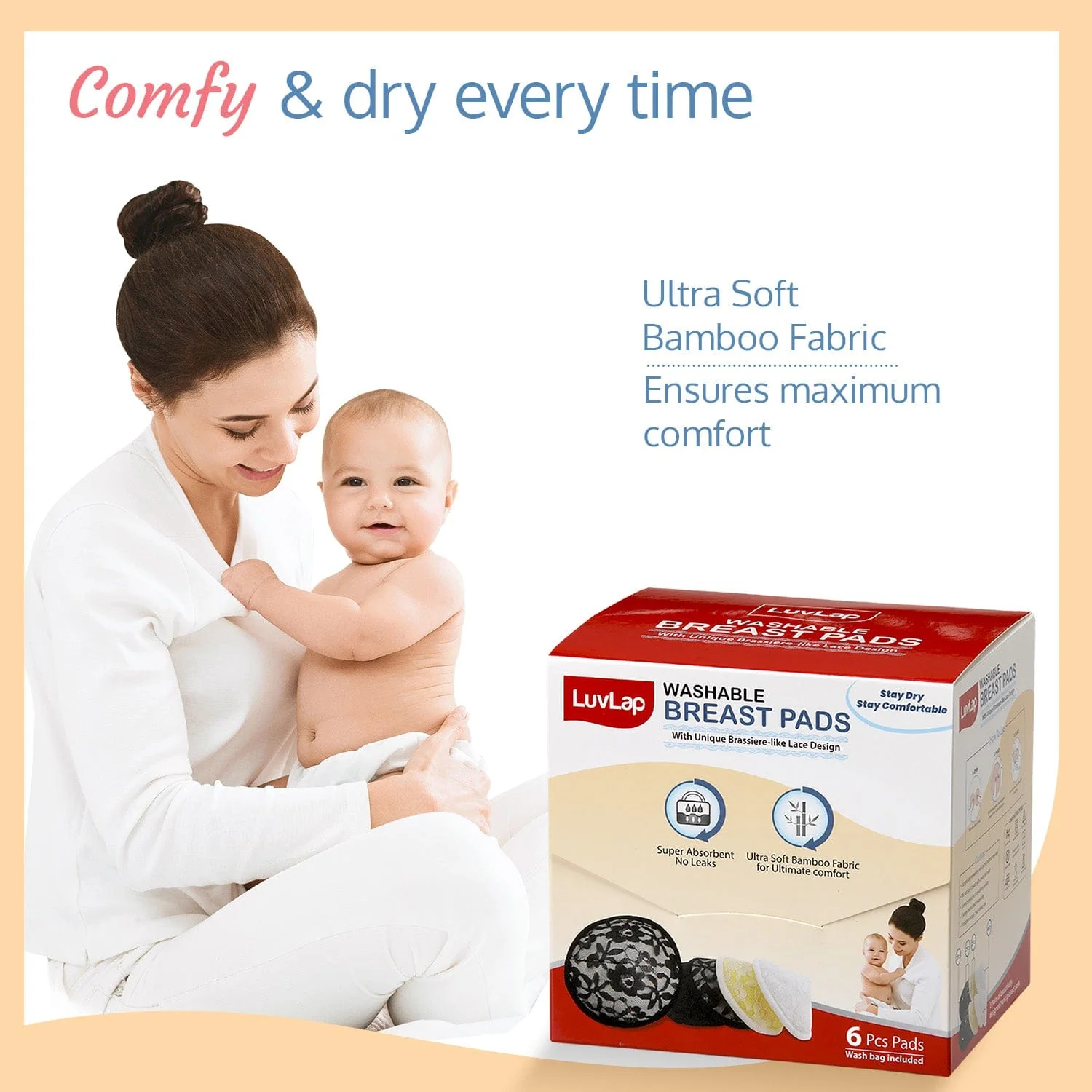 Natural Bamboo Washable Nursing Breast Pads with Lace, 6Pc - Image 6