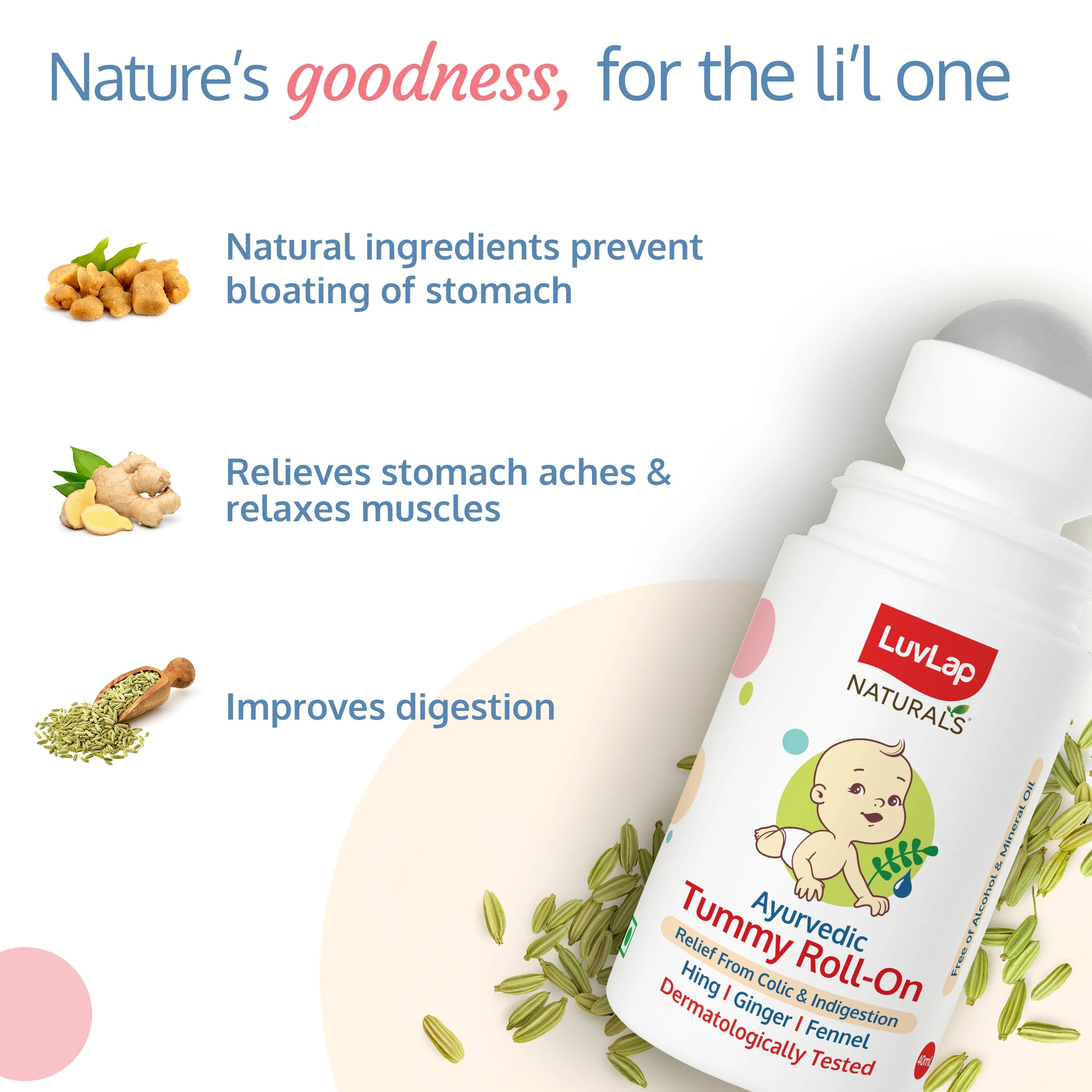 Naturals Baby Tummy Roll On Oil for Colic & Gas Relief, Relieves Constipation & Indigestion with Hing, Ginger & Fennel (Saunf), Alcohol free, Dermatologically tested Ayurvedic medicine, 40ml - Image 3
