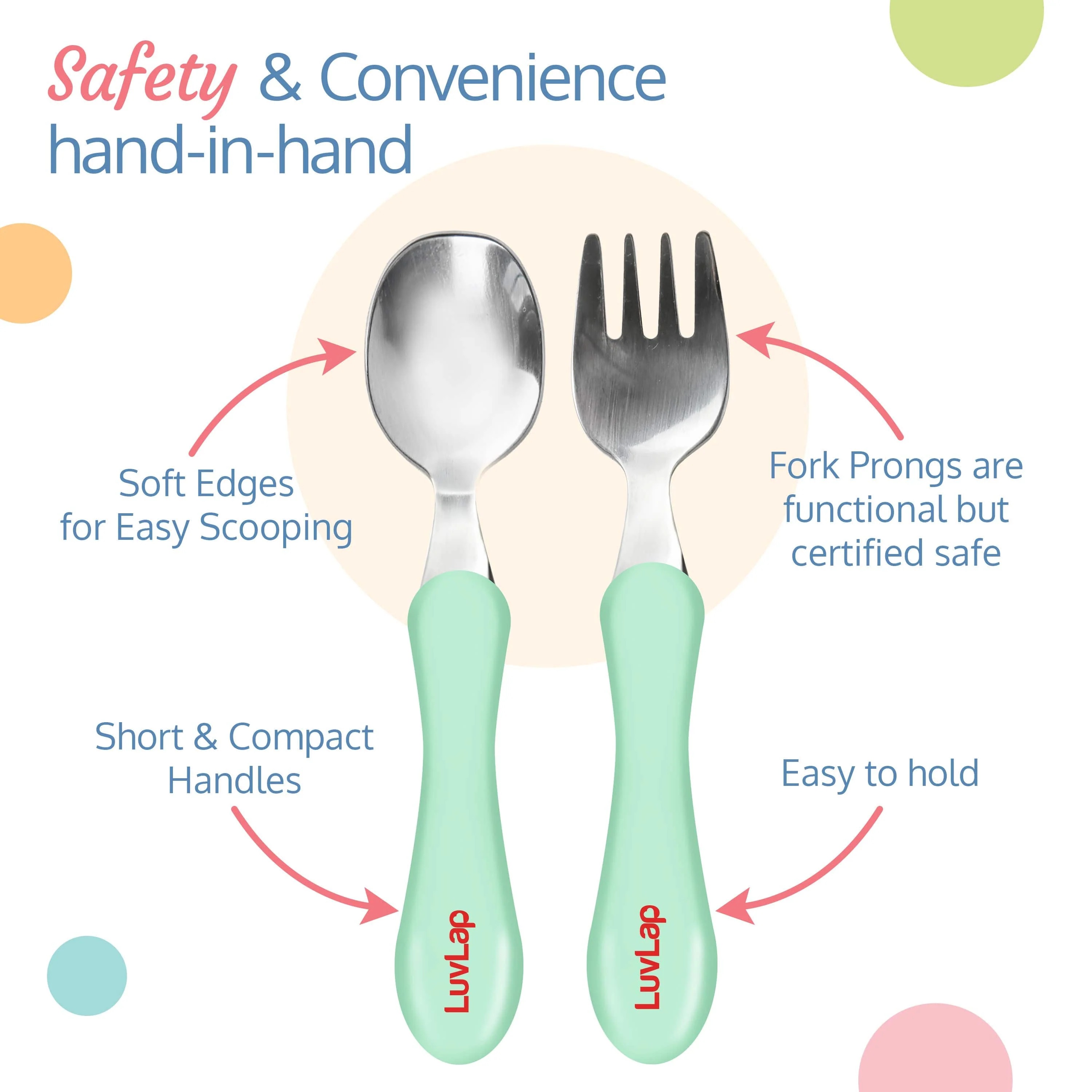 Premium Stainless Steel Baby Spoon & Fork Set for Baby Feeding, Stainless Steel Spoon and Fork Set, Food Grade PP Spoon, BPA Free Feeding Spoon for Kids of 12+ Months (Light Green) - Image 3