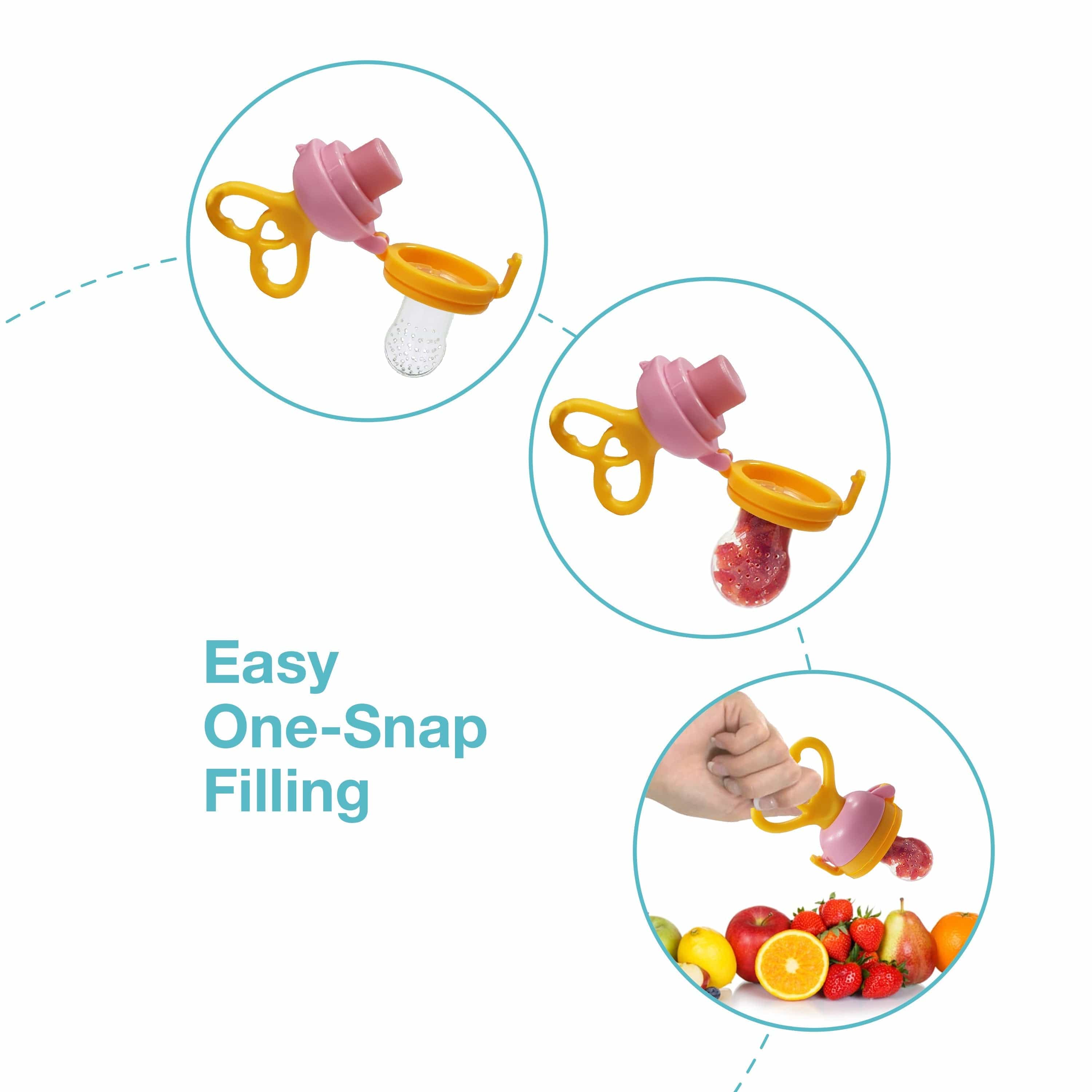 Silicone Food/Fruit Nibbler with Extra Mesh, Heartfills Yellow & Pink, BPA Free - Image 4