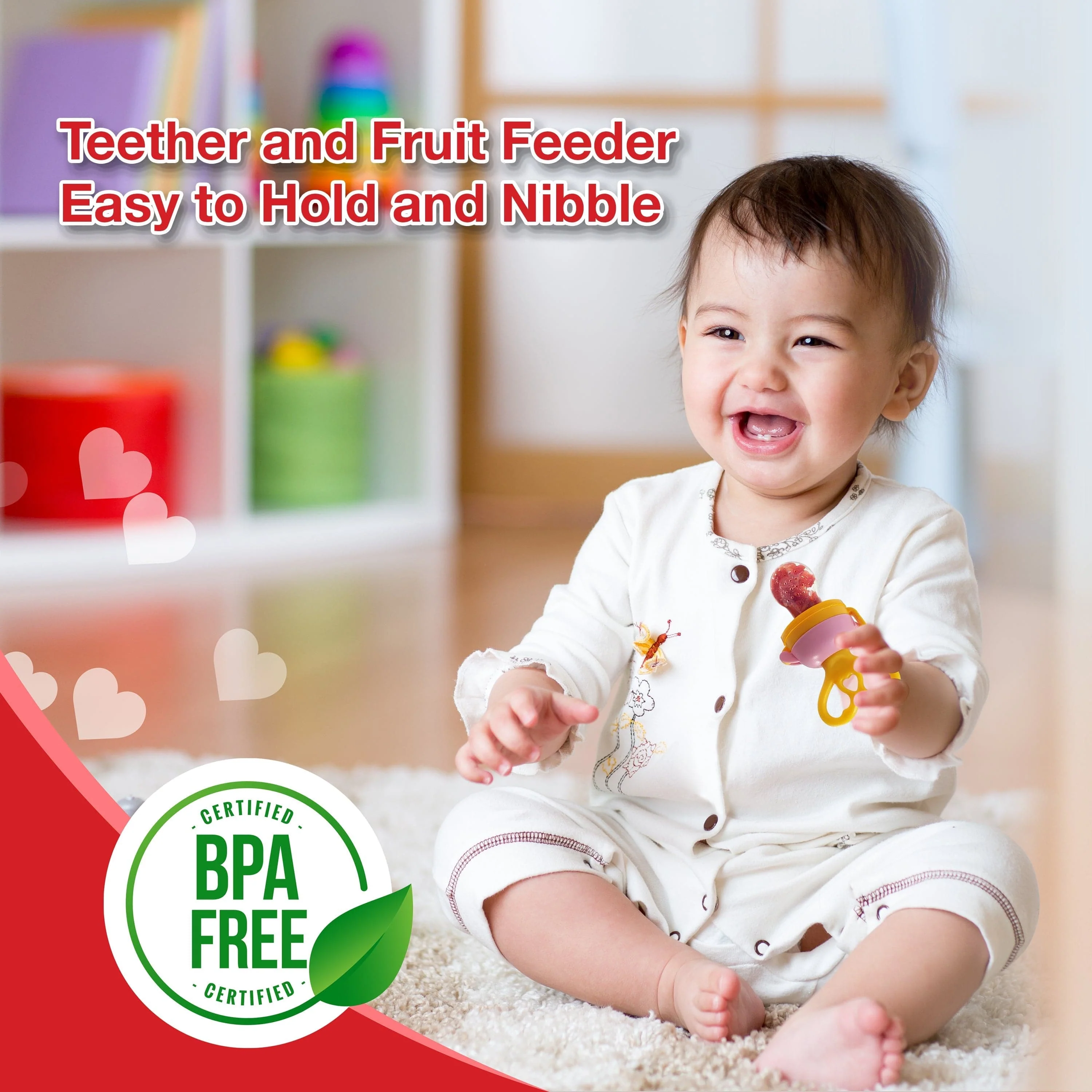 Silicone Food/Fruit Nibbler with Extra Mesh, Heartfills Yellow & Pink, BPA Free - Image 5