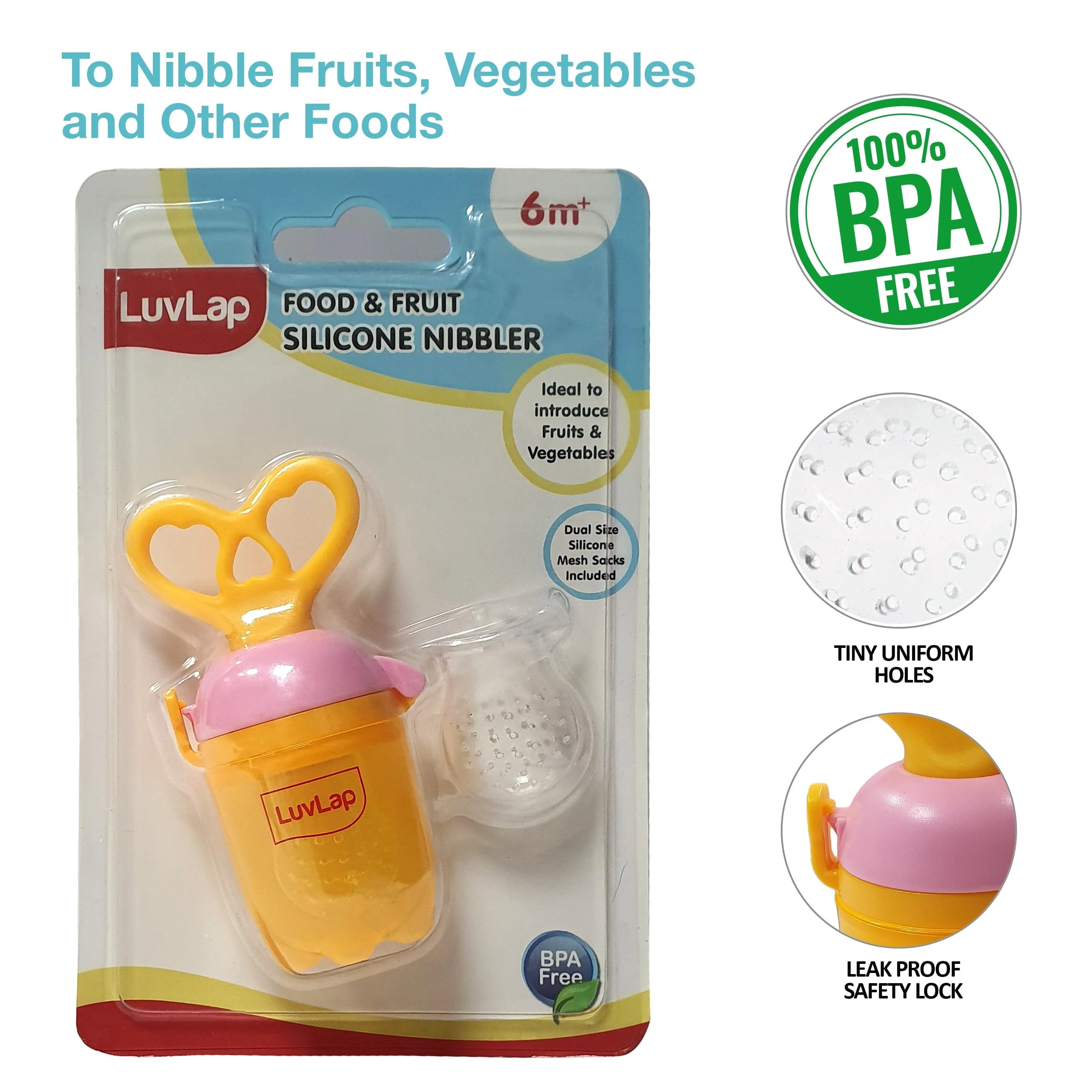 Silicone Food/Fruit Nibbler with Extra Mesh, Heartfills Yellow & Pink, BPA Free - Image 6