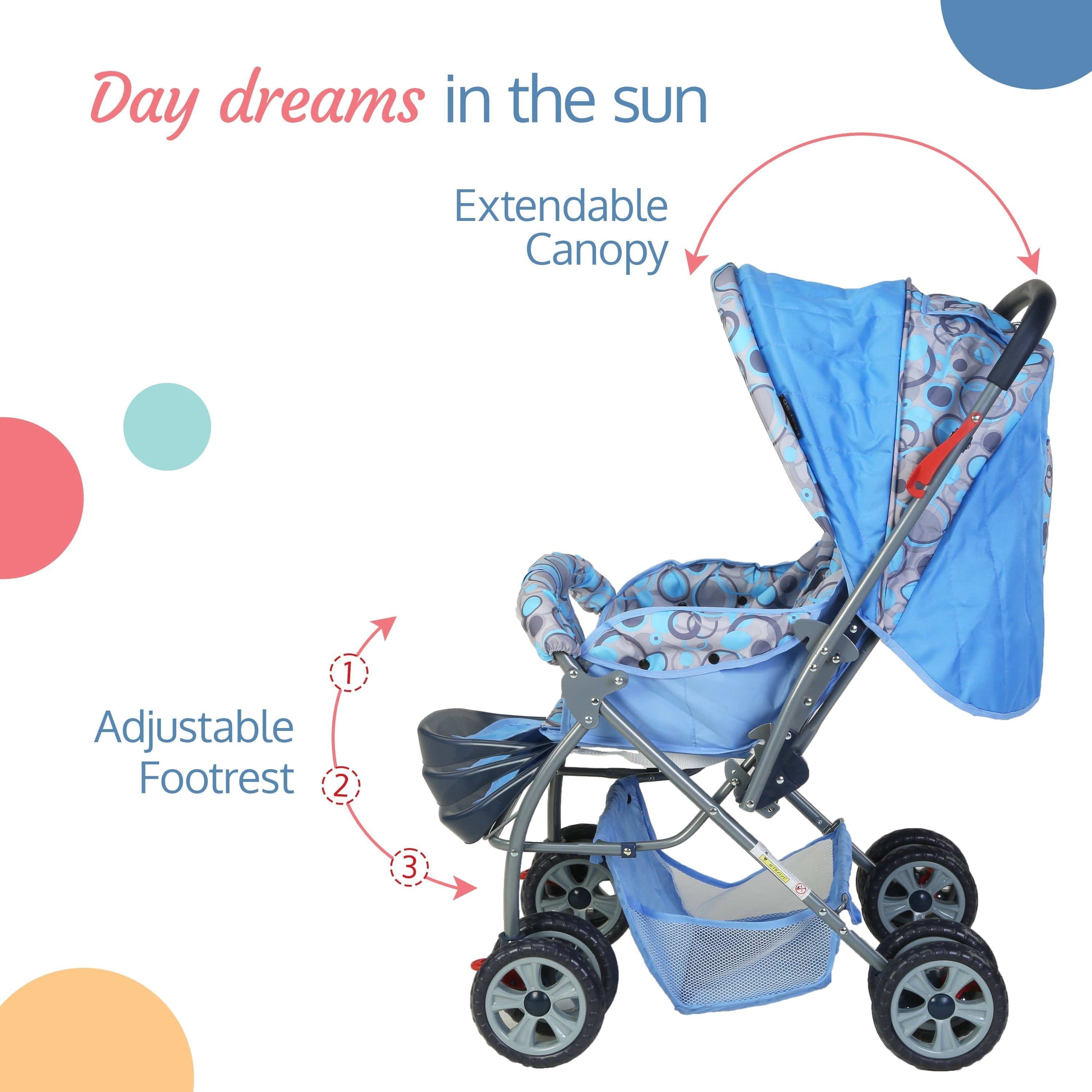 Starshine Baby Stroller/Pram for 0 to 3 Years, New Born/Toddler/Kid, Lightweight, Adjustable backrest, 360° Swivel Wheel, Large Storage Basket, Reversible Handlebar (Sky Blue) - Image 4