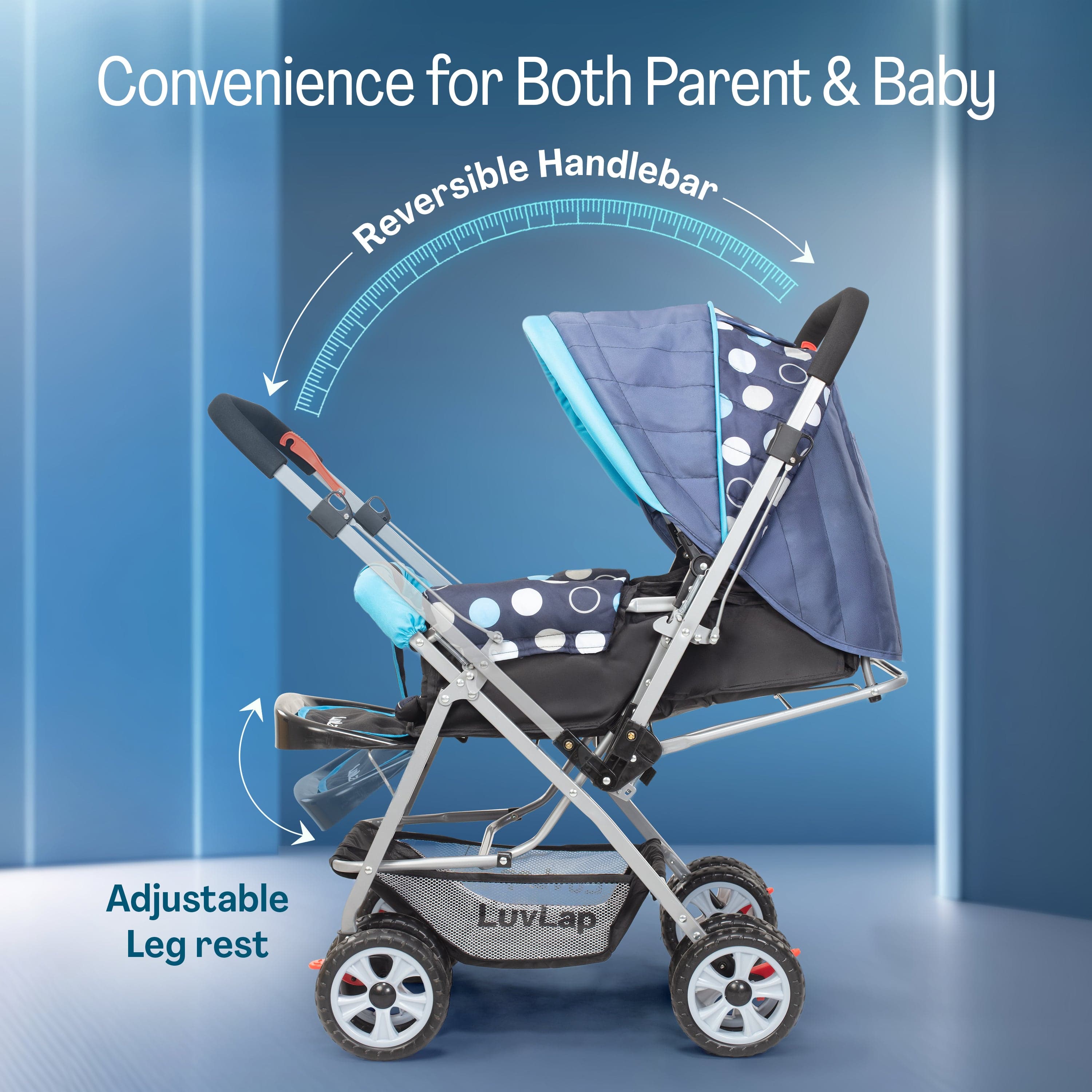 Sunshine Baby Stroller/Pram for 0 to 3 Years, New Born/Toddler/Kid, 5 Point Safety Harness, Adjustable backrest, 360° Swivel Wheel, Large Storage Basket, Reversible Handlebar (Blue) - Image 4