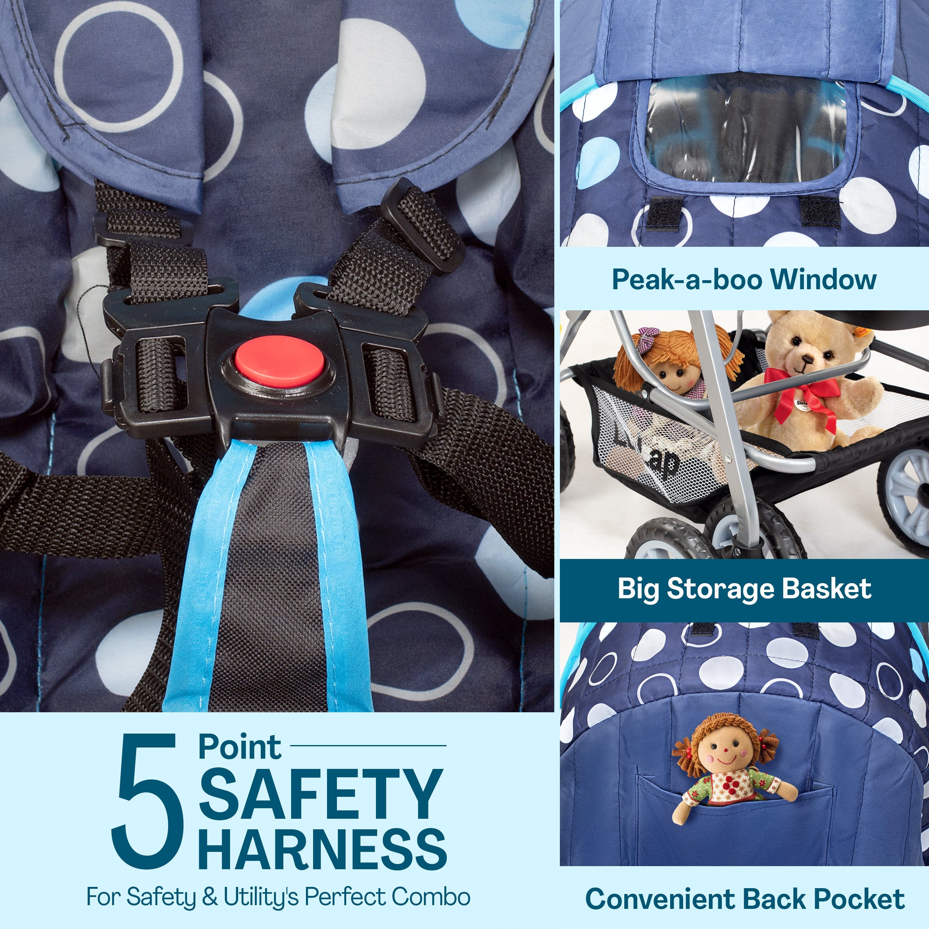 Sunshine Baby Stroller/Pram for 0 to 3 Years, New Born/Toddler/Kid, 5 Point Safety Harness, Adjustable backrest, 360° Swivel Wheel, Large Storage Basket, Reversible Handlebar (Blue) - Image 7