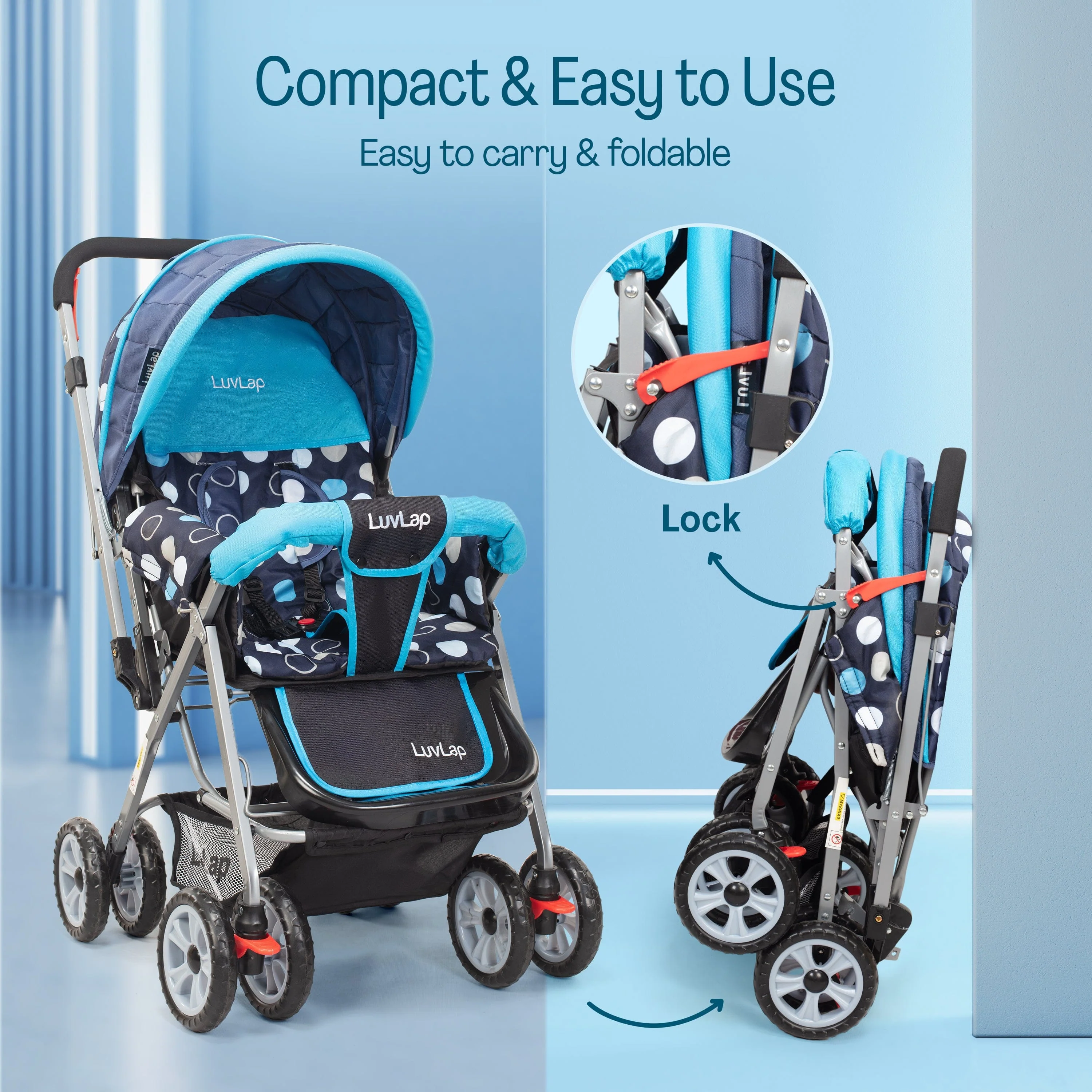 Sunshine Baby Stroller/Pram for 0 to 3 Years, New Born/Toddler/Kid, 5 Point Safety Harness, Adjustable backrest, 360° Swivel Wheel, Large Storage Basket, Reversible Handlebar (Blue) - Image 9