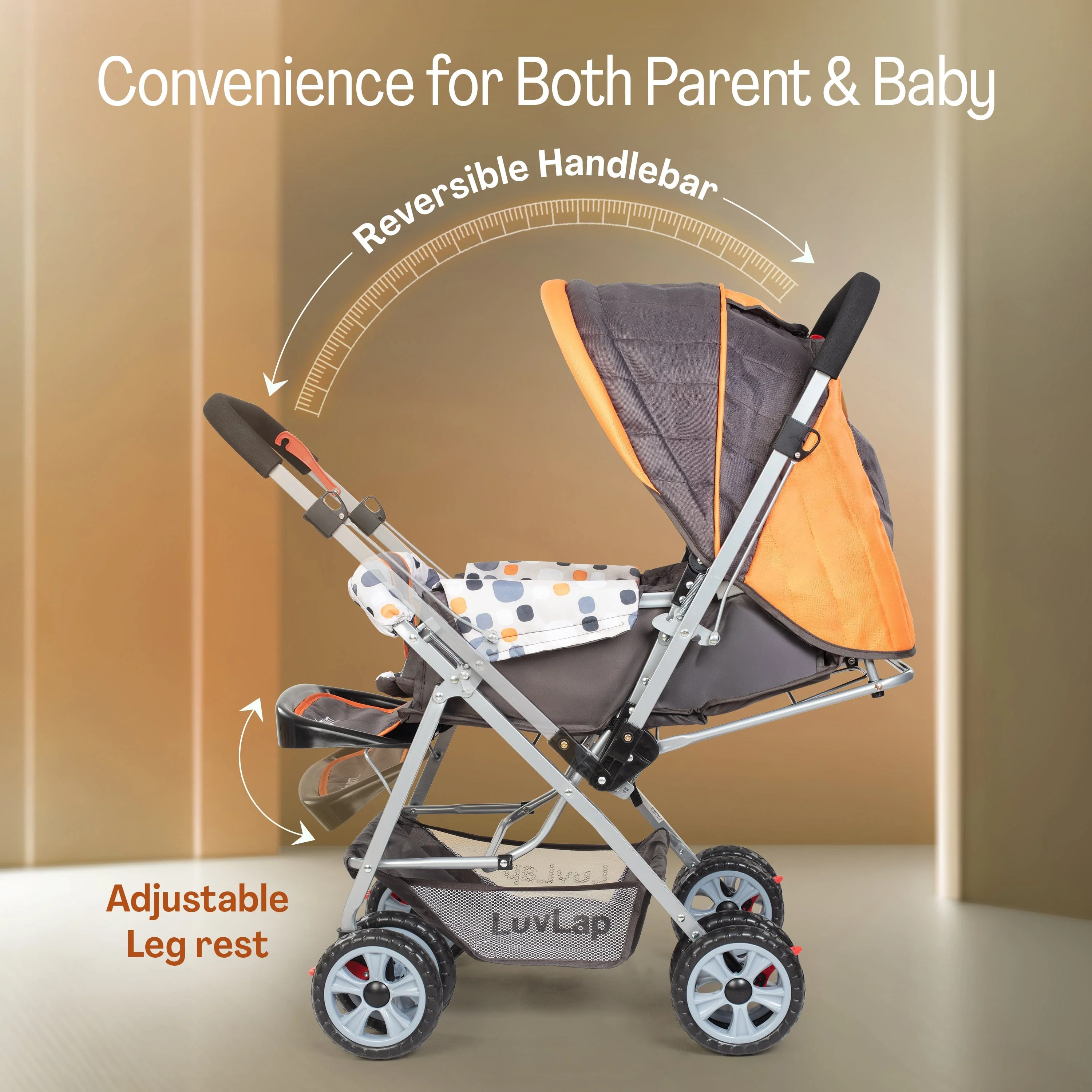 Sunshine Baby Stroller/Pram for 0 to 3 Years, New Born/Toddler/Kid, 5 Point Safety Harness, Adjustable backrest, 360° Swivel Wheel, Large Storage Basket, Reversible Handlebar (Orange) - Image 3