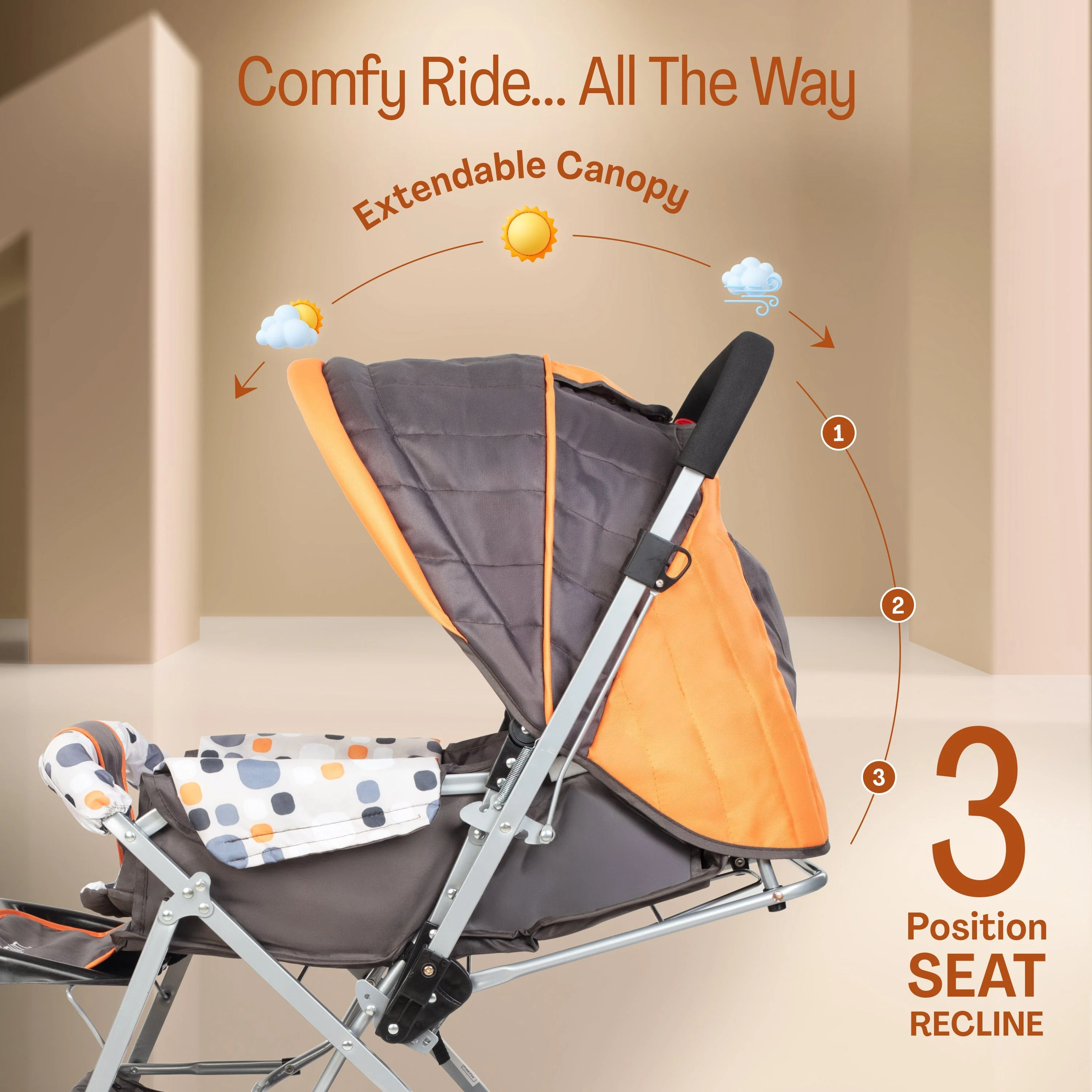 Sunshine Baby Stroller/Pram for 0 to 3 Years, New Born/Toddler/Kid, 5 Point Safety Harness, Adjustable backrest, 360° Swivel Wheel, Large Storage Basket, Reversible Handlebar (Orange) - Image 4