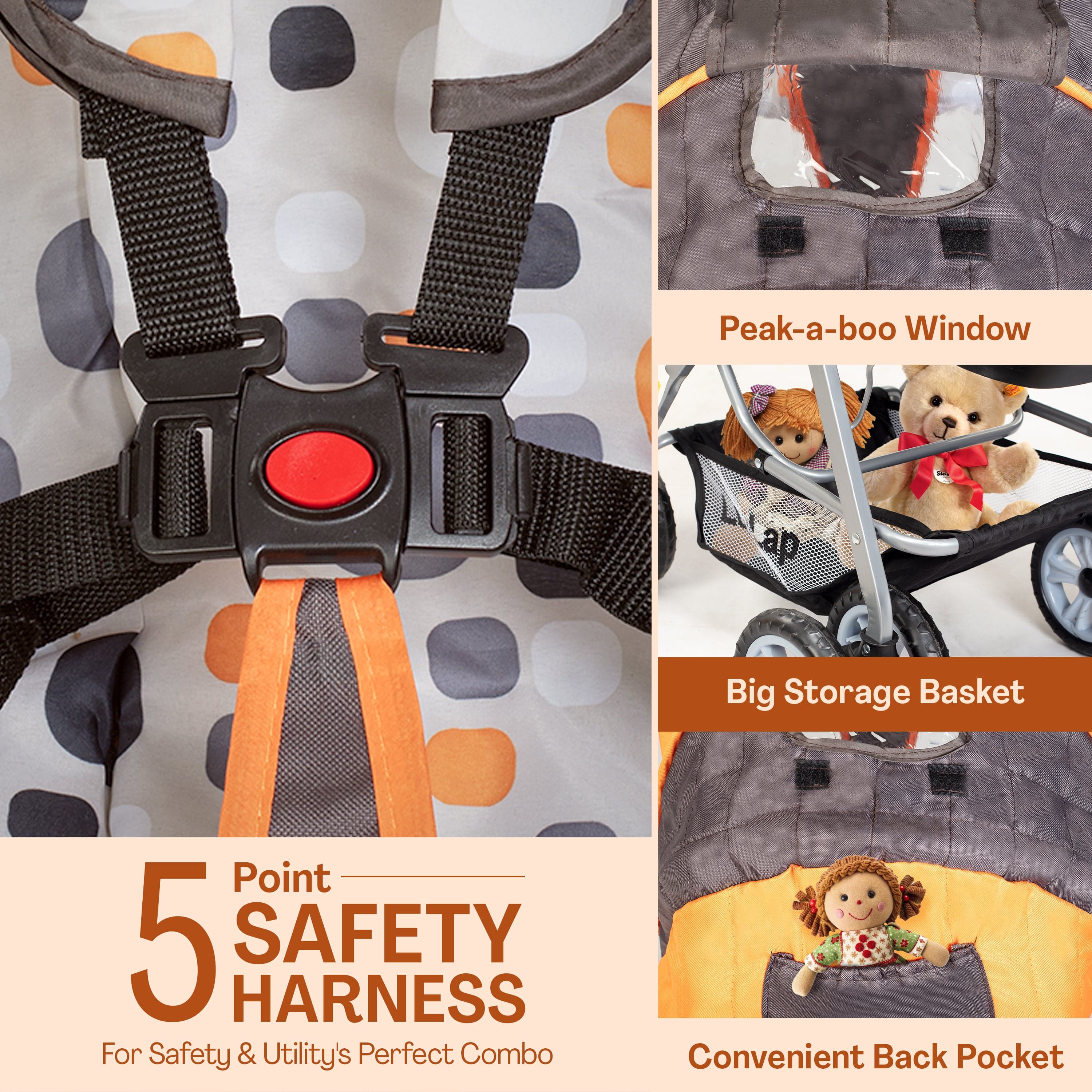 Sunshine Baby Stroller/Pram for 0 to 3 Years, New Born/Toddler/Kid, 5 Point Safety Harness, Adjustable backrest, 360° Swivel Wheel, Large Storage Basket, Reversible Handlebar (Orange) - Image 6
