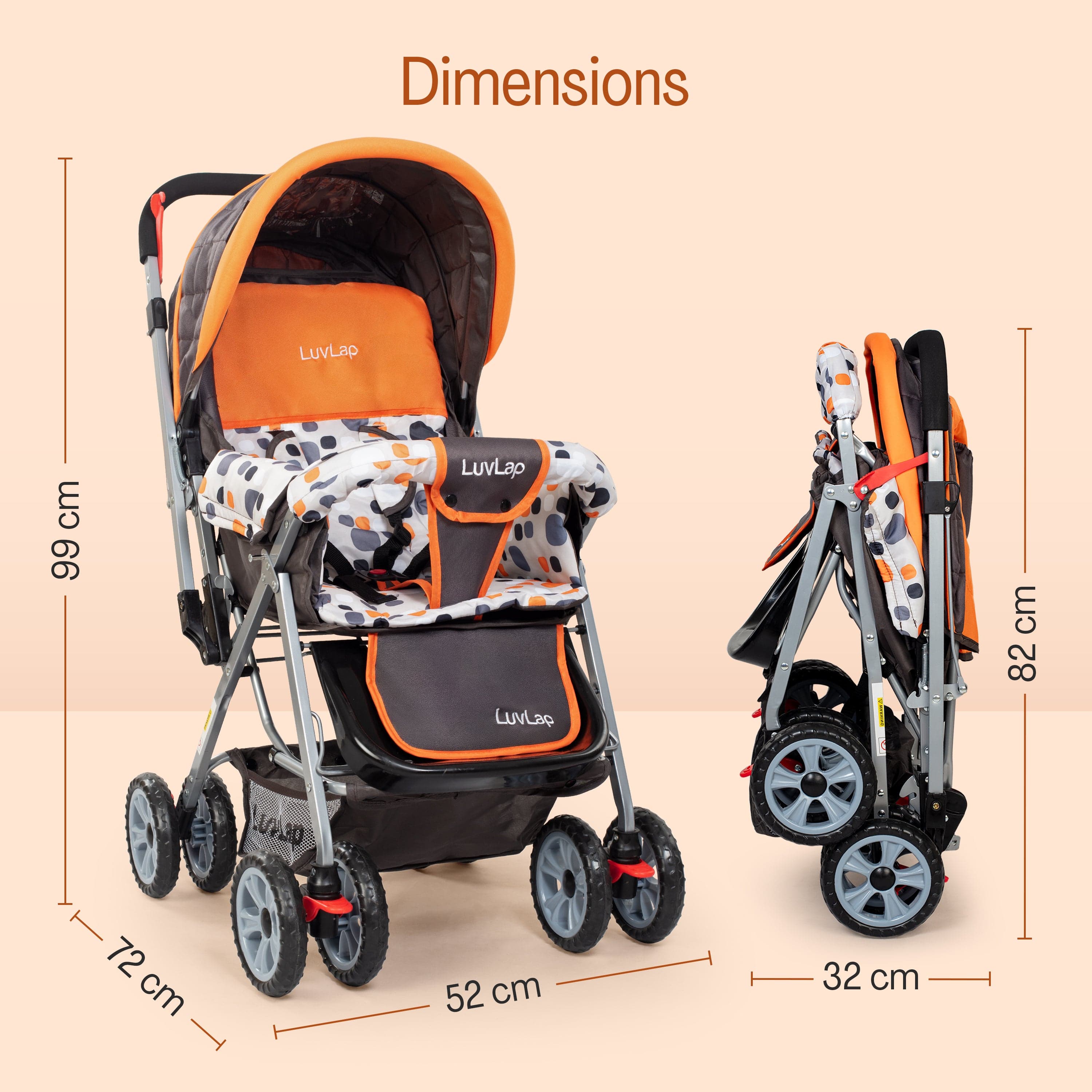 Sunshine Baby Stroller/Pram for 0 to 3 Years, New Born/Toddler/Kid, 5 Point Safety Harness, Adjustable backrest, 360° Swivel Wheel, Large Storage Basket, Reversible Handlebar (Orange) - Image 9