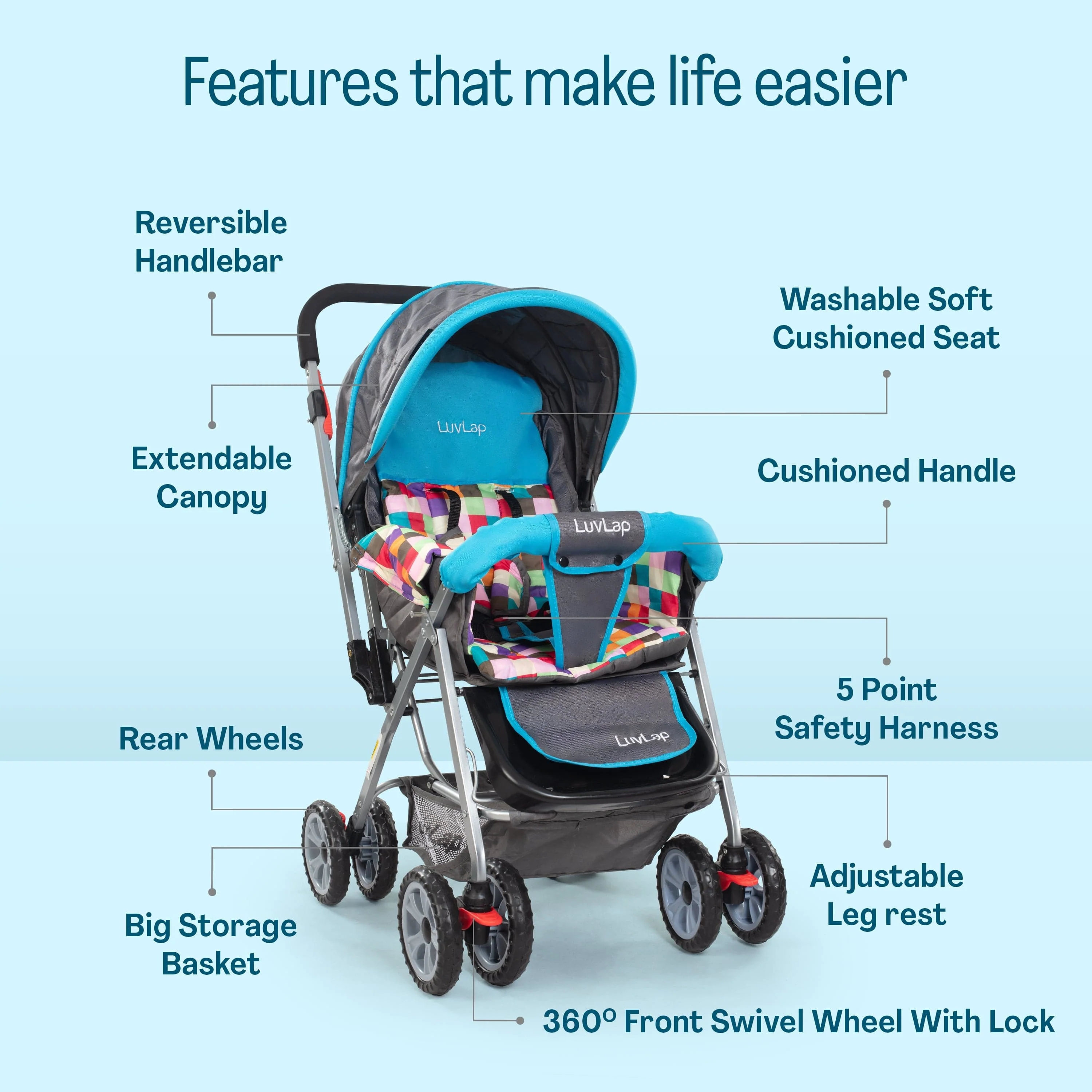 Sunshine Stroller/Pram, Easy Fold, for Newborn Baby/Kids, 0-3 Years (Teal) - Image 12