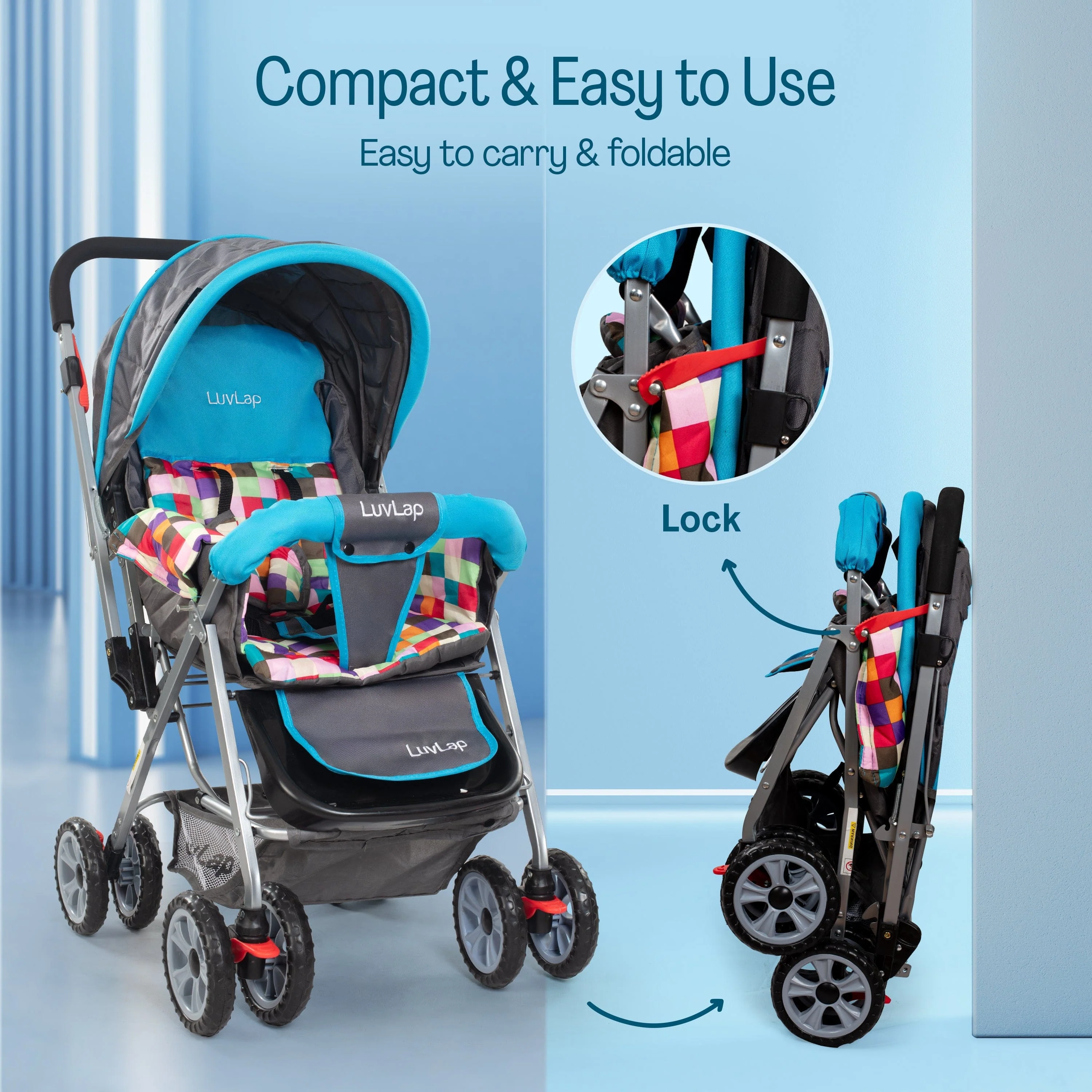 Sunshine Stroller/Pram, Easy Fold, for Newborn Baby/Kids, 0-3 Years (Teal) - Image 18