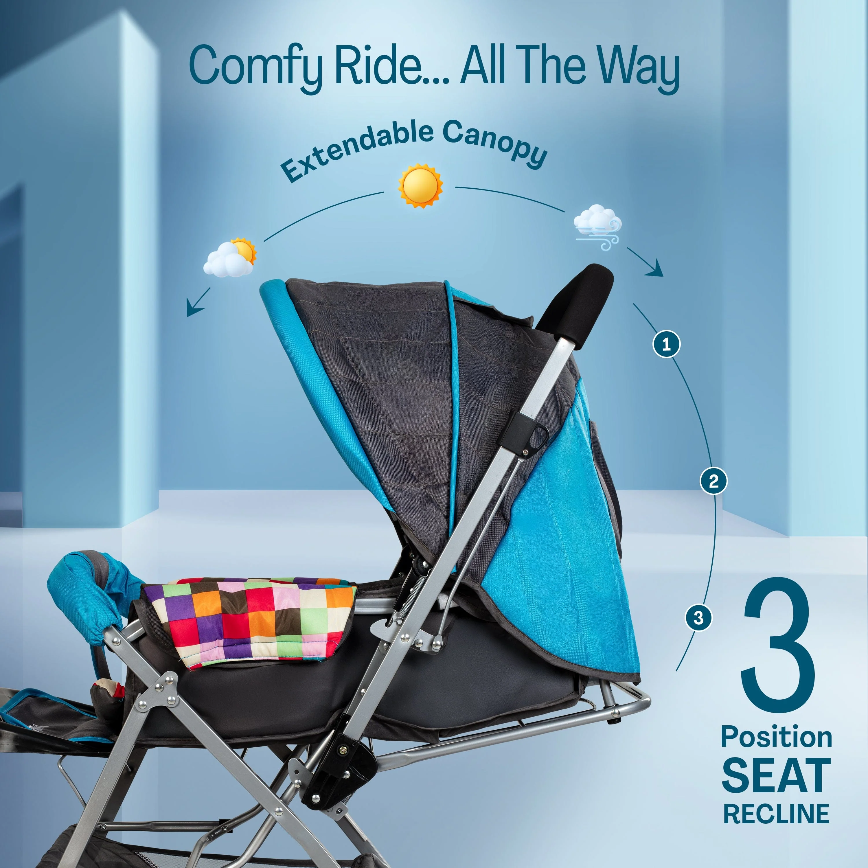Sunshine Stroller/Pram, Easy Fold, for Newborn Baby/Kids, 0-3 Years (Teal) - Image 4
