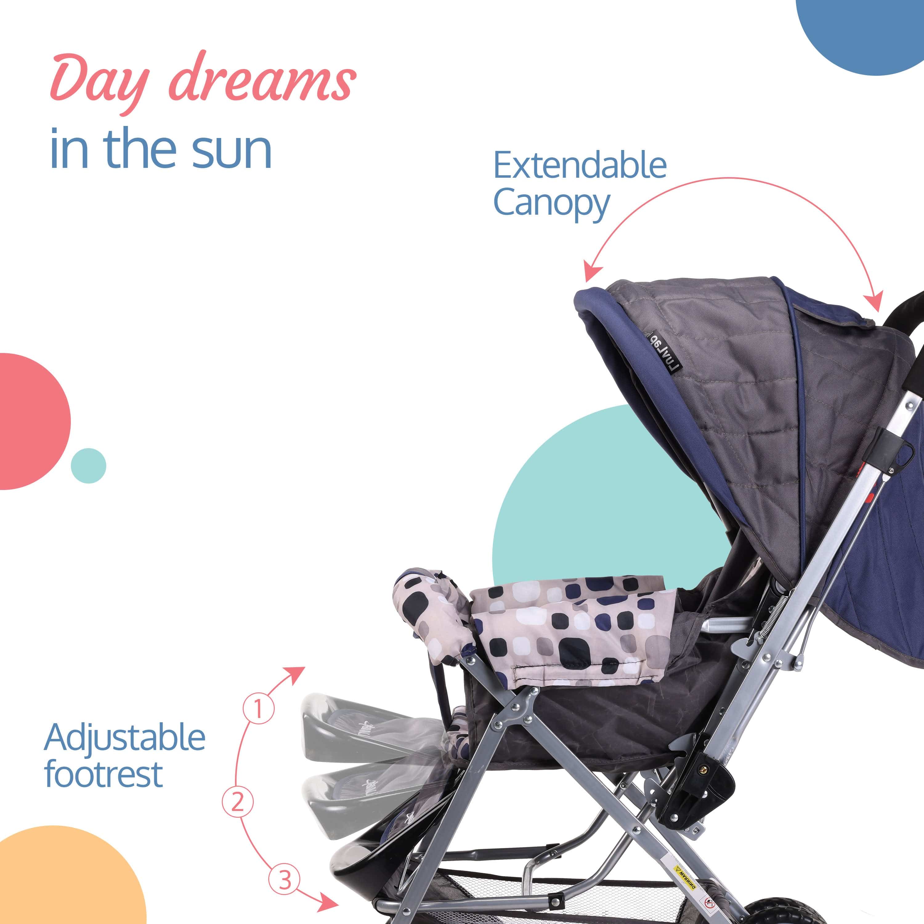 Sunshine Baby Stroller/Pram for 0 to 3 Years, New Born/Toddler/Kid, 5 Point Safety Harness, Adjustable backrest, 360° Swivel Wheel, Large Storage Basket, Reversible Handlebar(Navy Blue) - Image 4