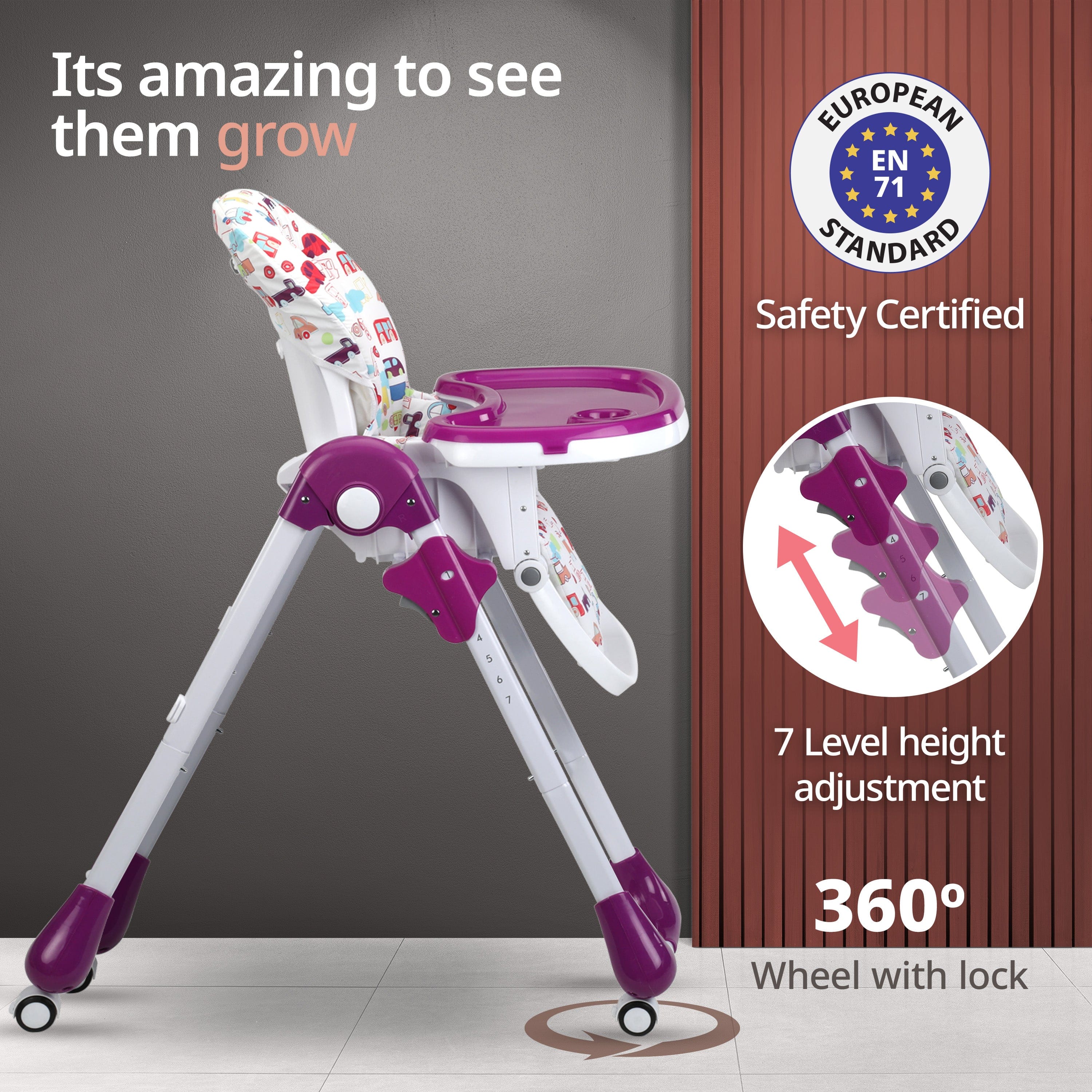 Royal High Chair for Baby, En 71 Certified, 3 Position Recline, Baby Feeding Chair with 7 Level Height Adjustment, Adjustable Footrest, 6 Months+ (Purple) - Image 3