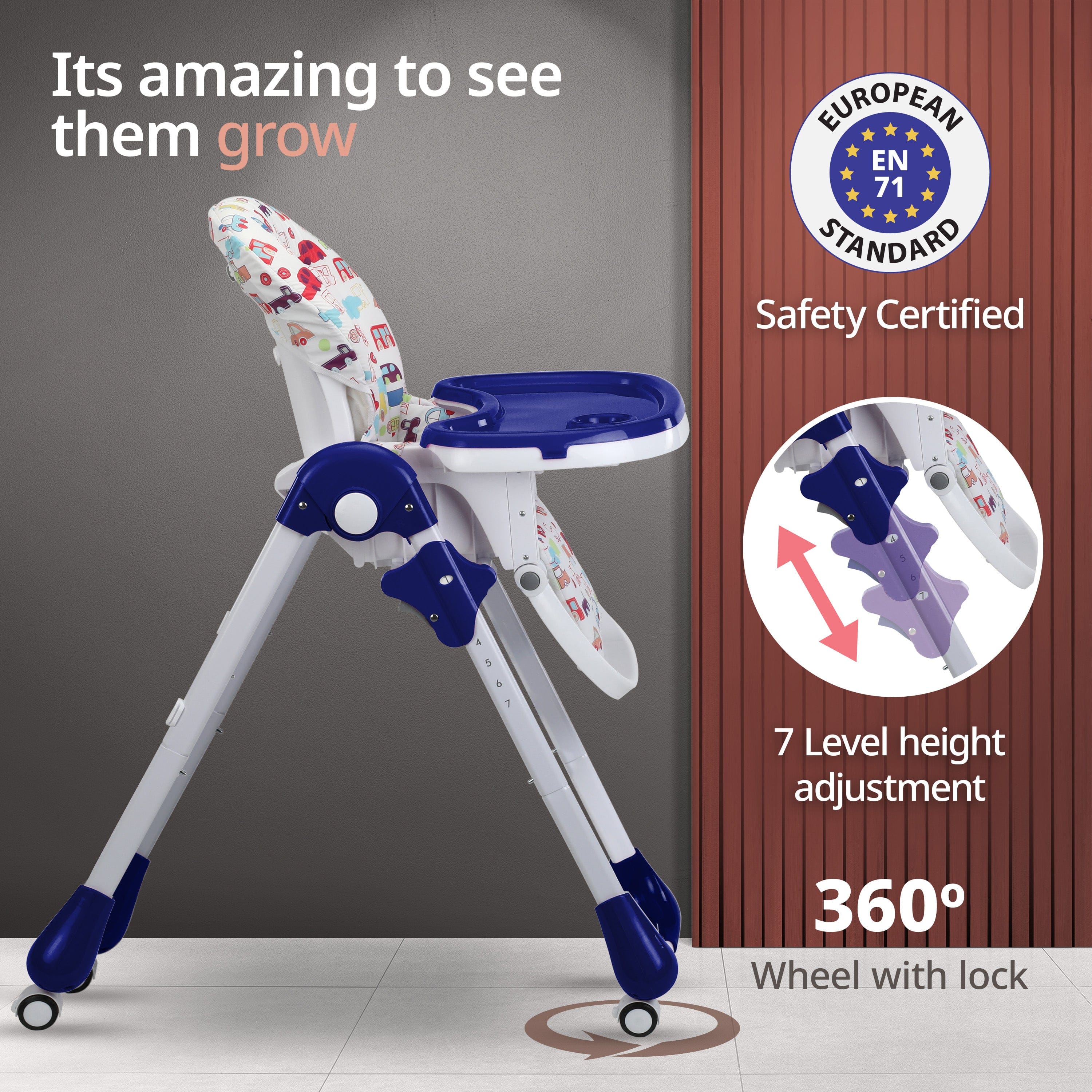 Royal High Chair for Baby, EN 71 Certified, 3 Position Recline, Baby Feeding Chair with 7 Level Height Adjustment, Adjustable Footrest, 6 Months+ (Blue) - Image 3