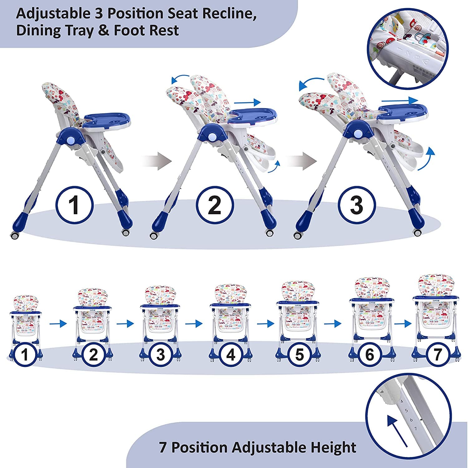 Royal High Chair for Baby, EN 71 Certified, 3 Position Recline, Baby Feeding Chair with 7 Level Height Adjustment, Adjustable Footrest, 6 Months+ (Blue) - Image 3